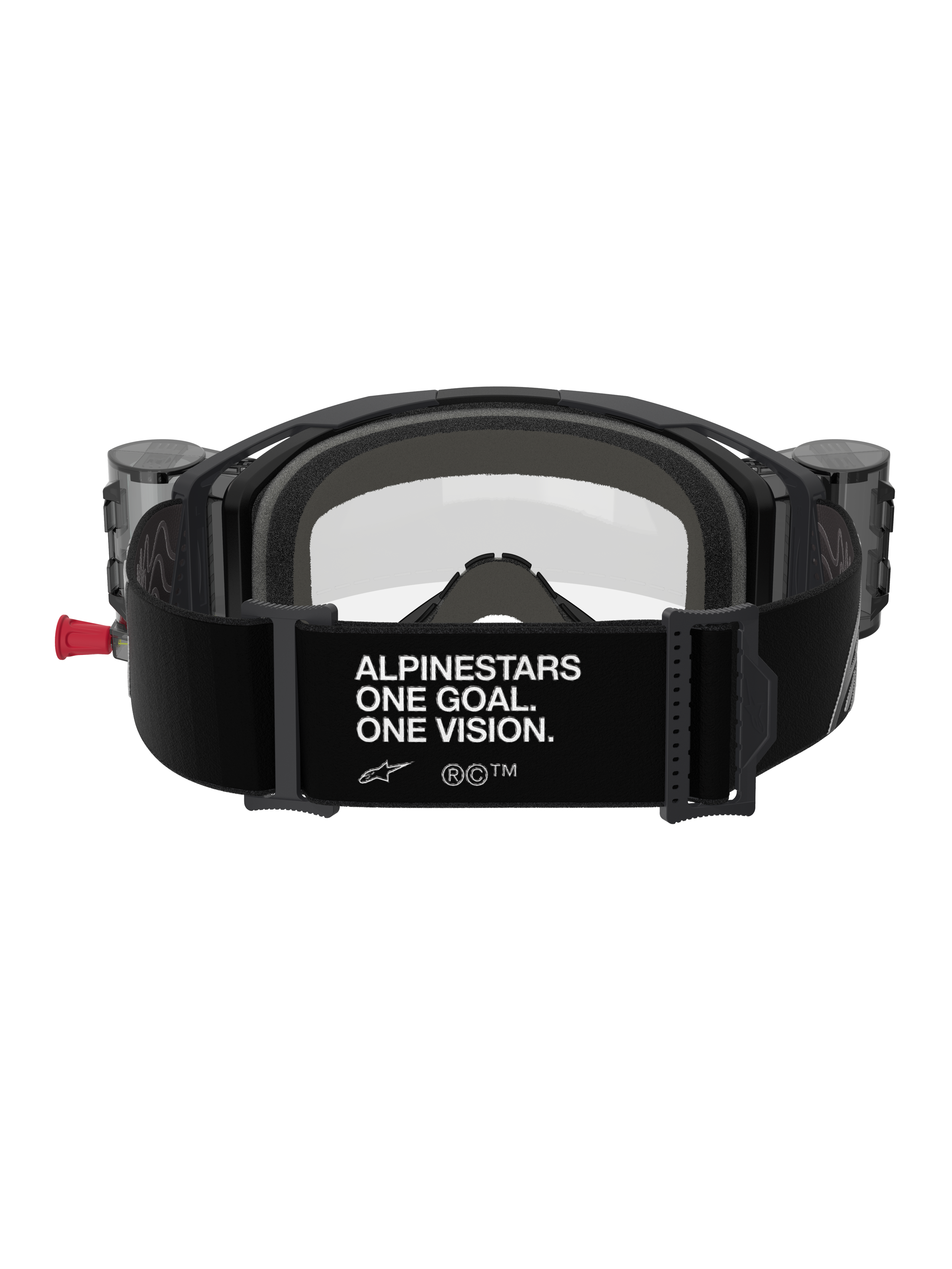 Alpinestars Vision 8 Corp Goggles Roll Off, vista posteriore, fascia nera con slogan bianco 'ALPINESTARS ONE GOAL. ONE VISION.', contenitori roll-off integrati, lente trasparente e imbottitura in schiuma per gare di motocross