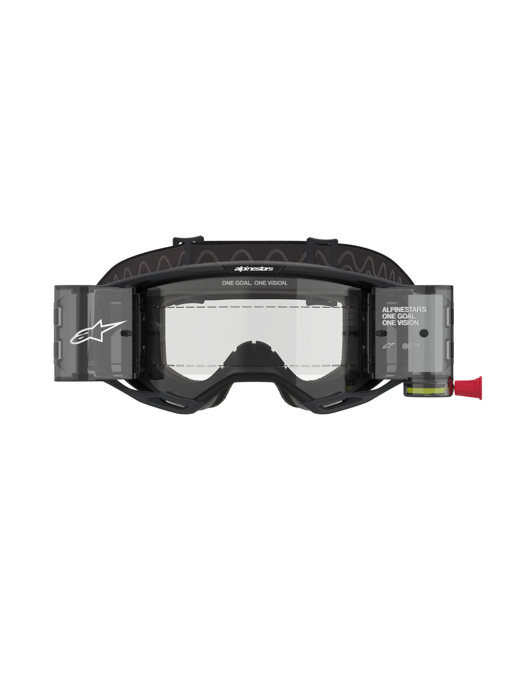 Alpinestars Vision 8 Corp Goggles Roll Off, maschere da motocross, montatura nera con lente trasparente, sistema roll-off integrato con contenitori traslucidi e ampio cinturino nero con logo, protezione oculare professionale