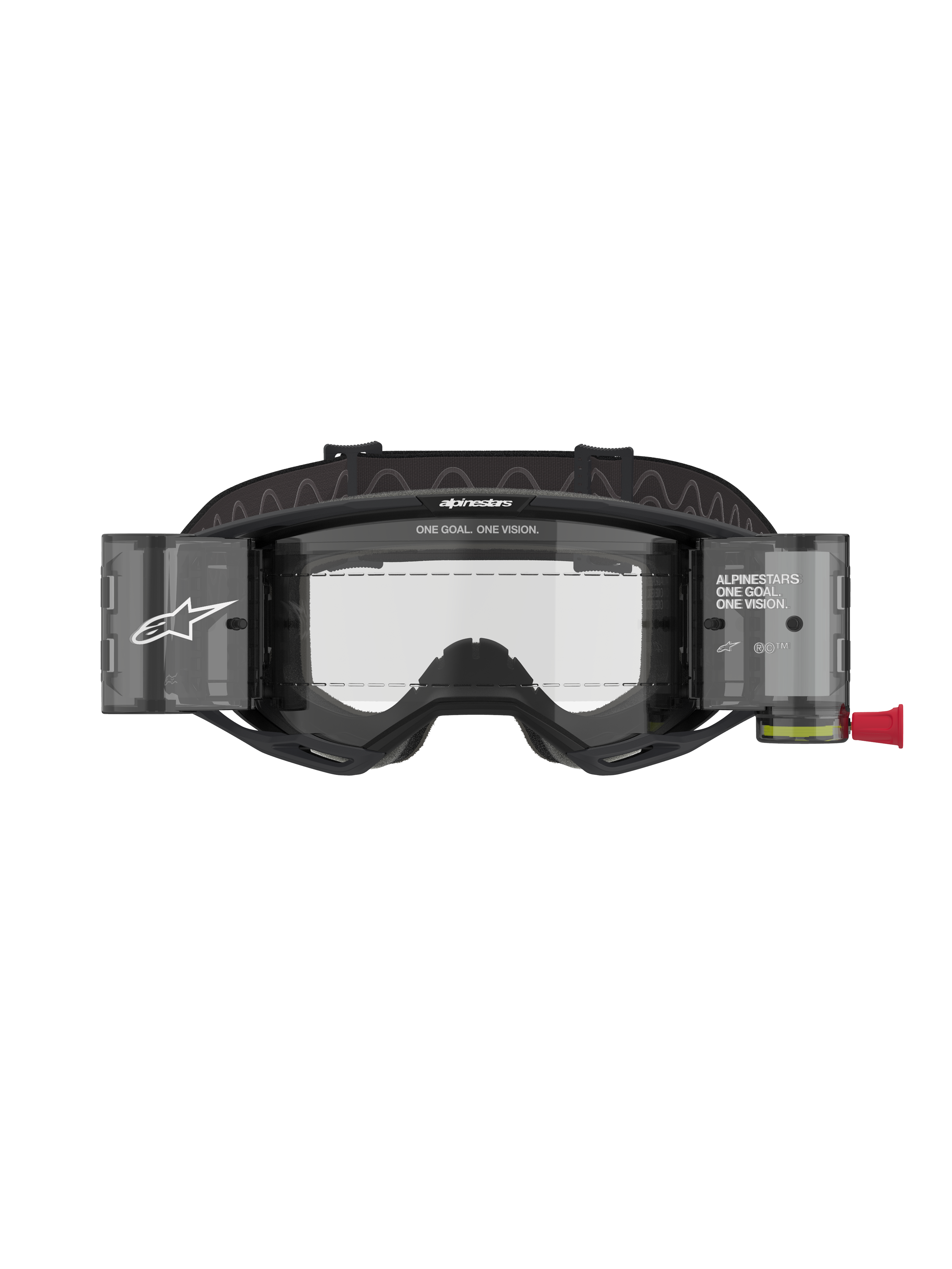 Alpinestars Vision 8 Corp Goggles Roll Off, maschere da motocross, montatura nera con lente trasparente, sistema roll-off integrato con contenitori traslucidi e ampio cinturino nero con logo, protezione oculare professionale