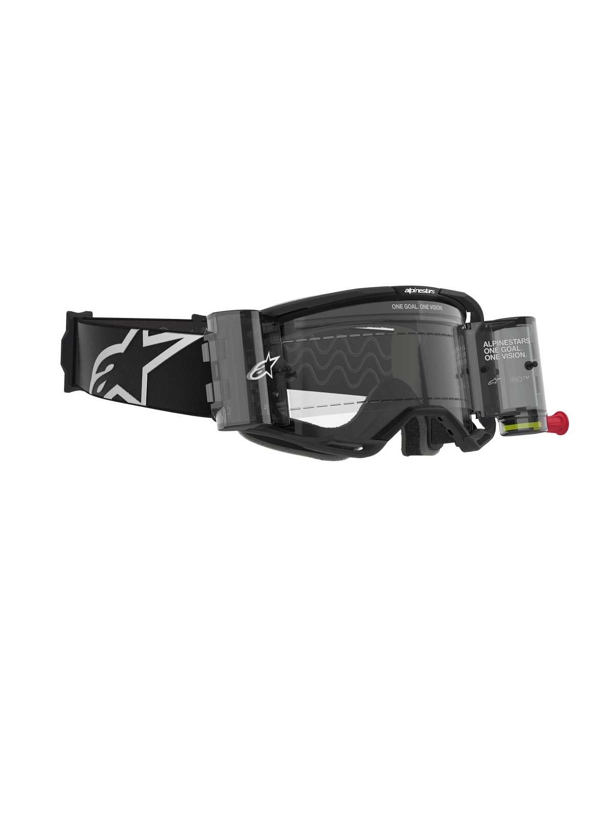 Occhiali Alpinestars Vision 8 Corp, maschera da motocross con sistema Roll-Off, nero e trasparente, caratterizzati da contenitori per pellicola trasparenti, lente trasparente e un'ampia fascia nera con grande logo Alpinestars bianco