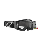 Occhiali Alpinestars Vision 8 Corp, maschera da motocross con sistema Roll-Off, nero e trasparente, caratterizzati da contenitori per pellicola trasparenti, lente trasparente e un'ampia fascia nera con grande logo Alpinestars bianco