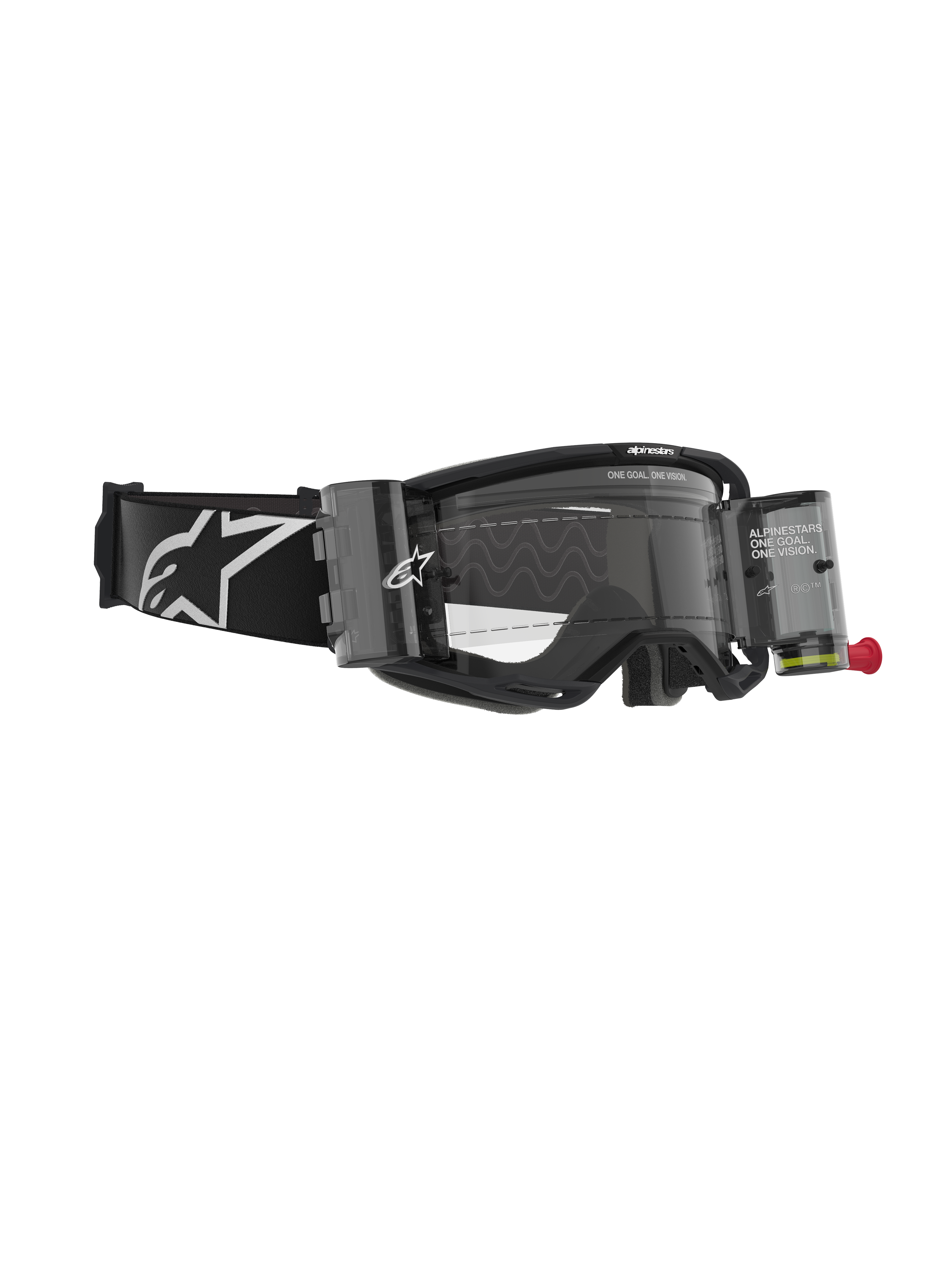 Occhiali Alpinestars Vision 8 Corp, maschera da motocross con sistema Roll-Off, nero e trasparente, caratterizzati da contenitori per pellicola trasparenti, lente trasparente e un'ampia fascia nera con grande logo Alpinestars bianco