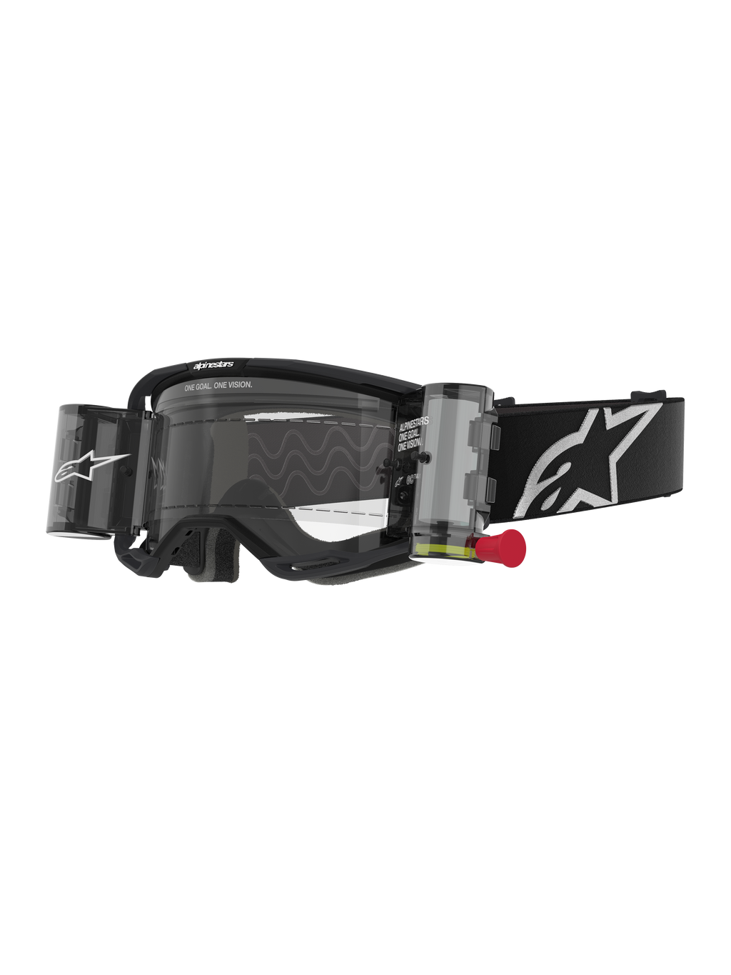 Alpinestars Vision 8 Corp Goggles Roll Off, occhiali da motocross, neri con lente trasparente, sistema roll-off integrato con linguetta rossa, cinturino nero con logo bianco, motivo a onde sulla lente con testo "ONE GOAL. ONE VISION.", protezione oculare ad alte prestazioni per gare off-road