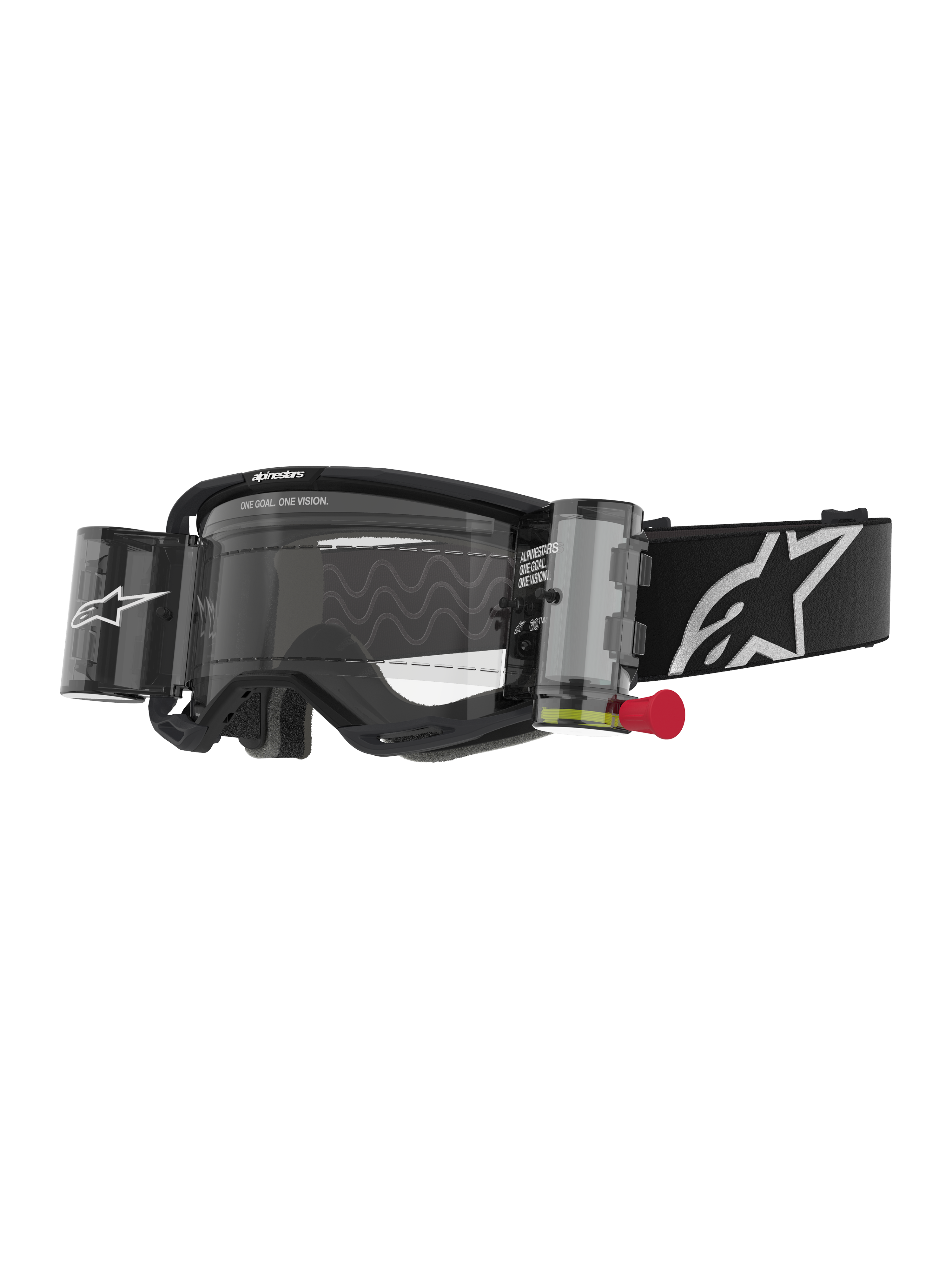 Alpinestars Vision 8 Corp Goggles Roll Off, occhiali da motocross, neri con lente trasparente, sistema roll-off integrato con linguetta rossa, cinturino nero con logo bianco, motivo a onde sulla lente con testo "ONE GOAL. ONE VISION.", protezione oculare ad alte prestazioni per gare off-road