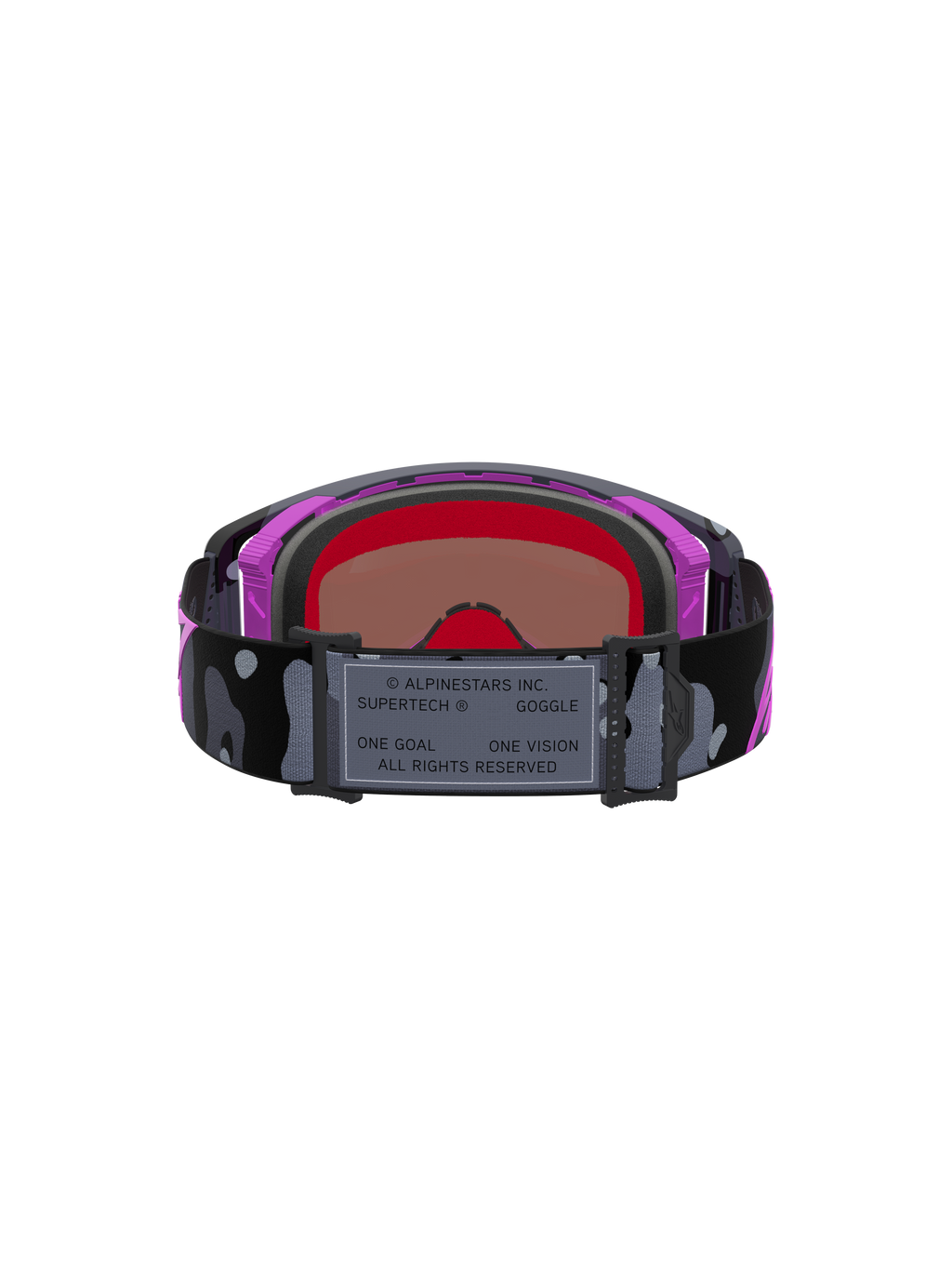 Maschere Alpinestars Supertech Loane Edizione Limitata, maschere da motocross con cinturino camo, dettagli viola e rosa e lente a specchio ad alto contrasto.