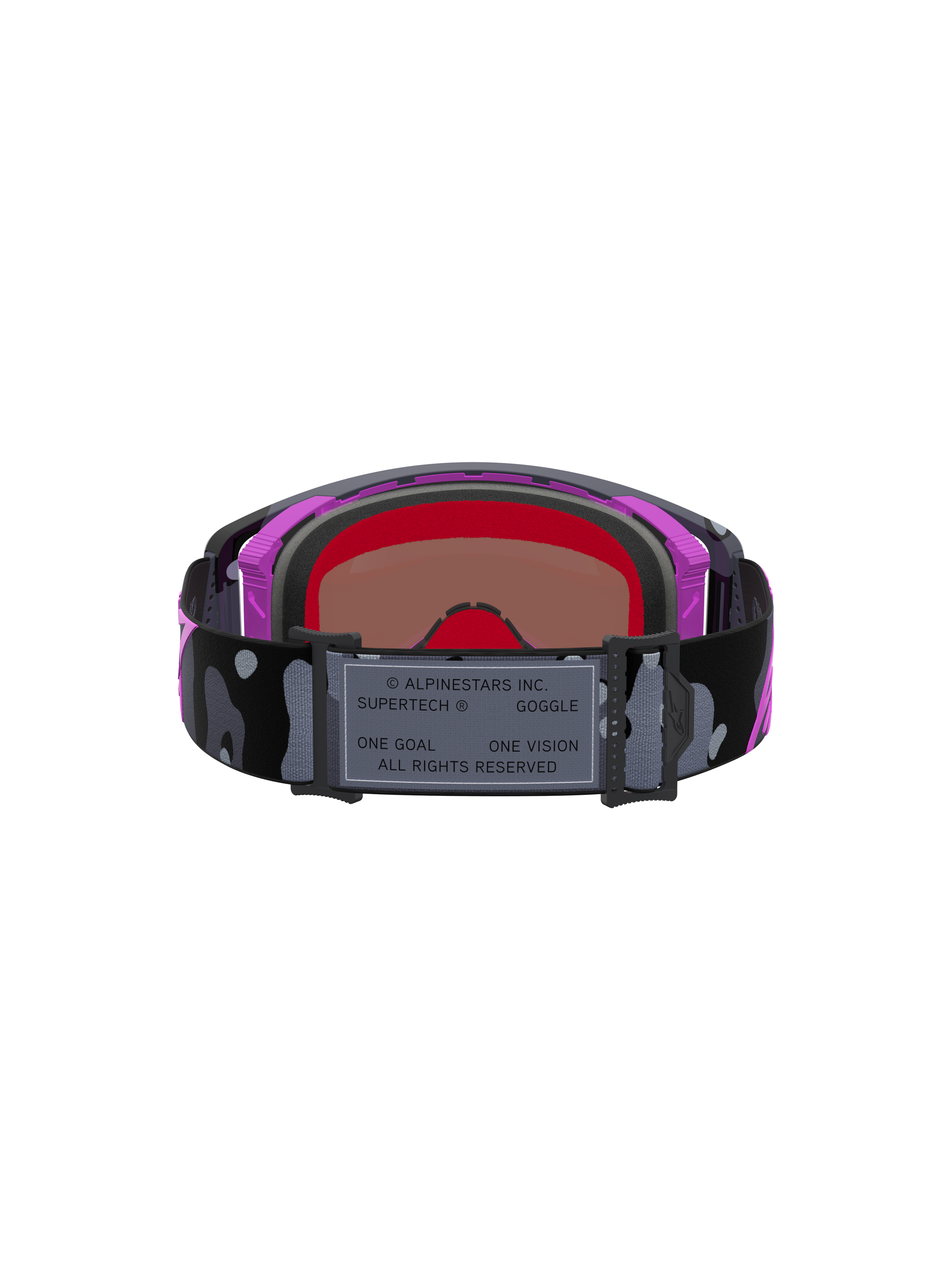 Maschere Alpinestars Supertech Loane Edizione Limitata, maschere da motocross con cinturino camo, dettagli viola e rosa e lente a specchio ad alto contrasto.