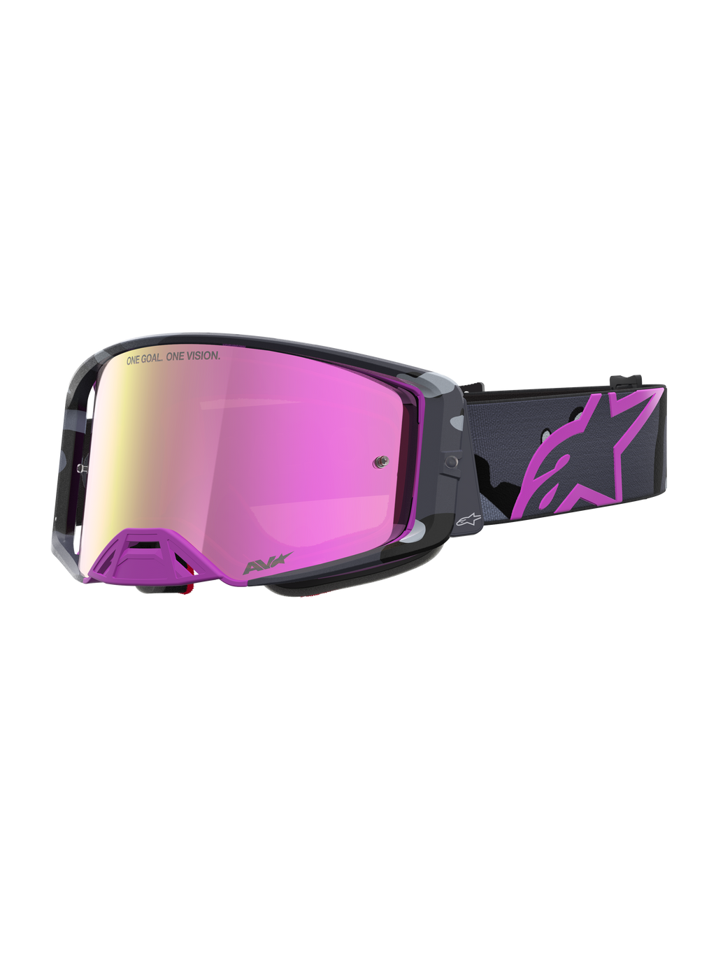 Maschera Alpinestars Supertech Lone Edizione Limitata, maschere da motocross con lente specchiata rosa, montatura viola e cinturino con logo Astars