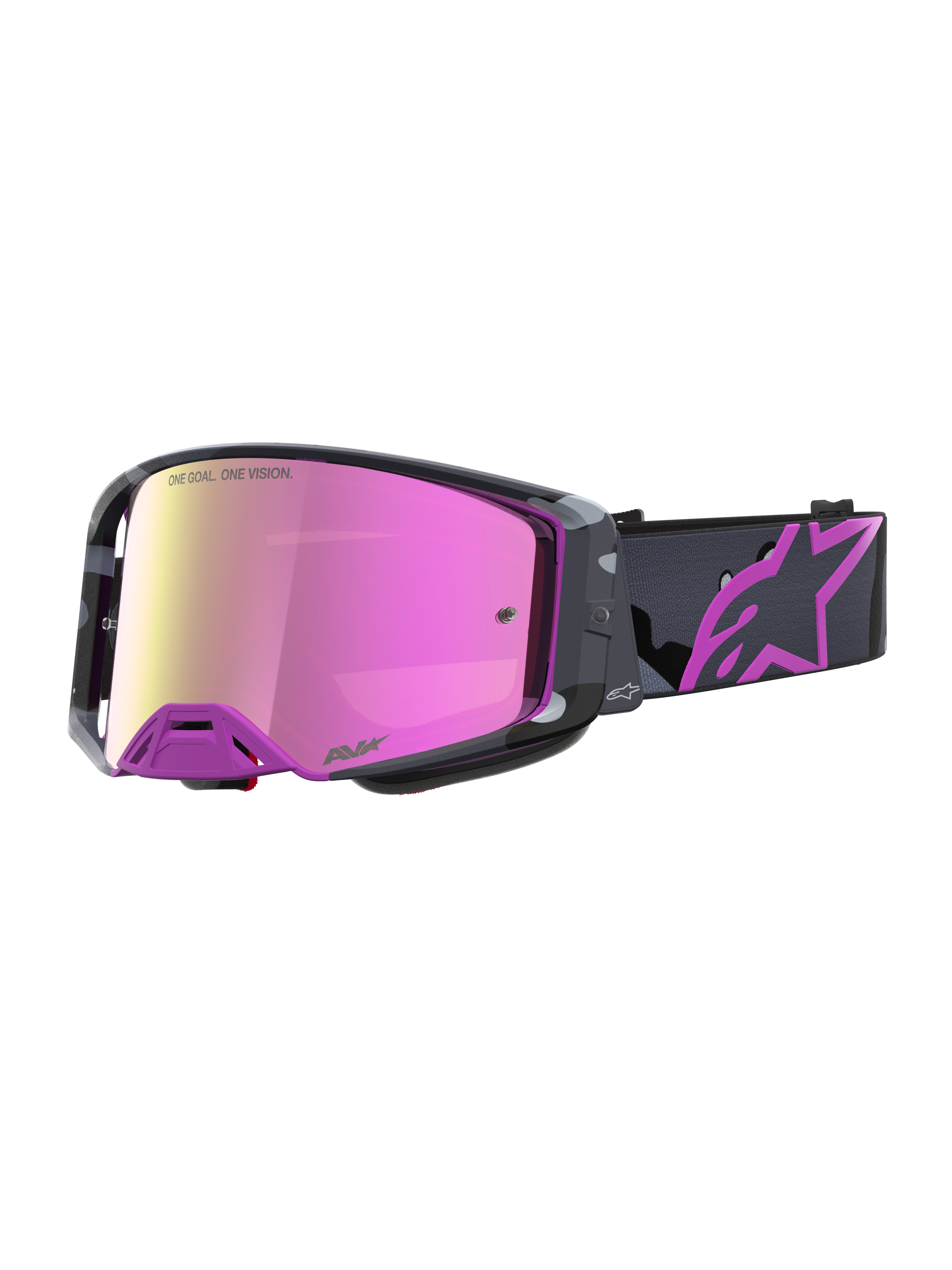 Maschera Alpinestars Supertech Lone Edizione Limitata, maschere da motocross con lente specchiata rosa, montatura viola e cinturino con logo Astars