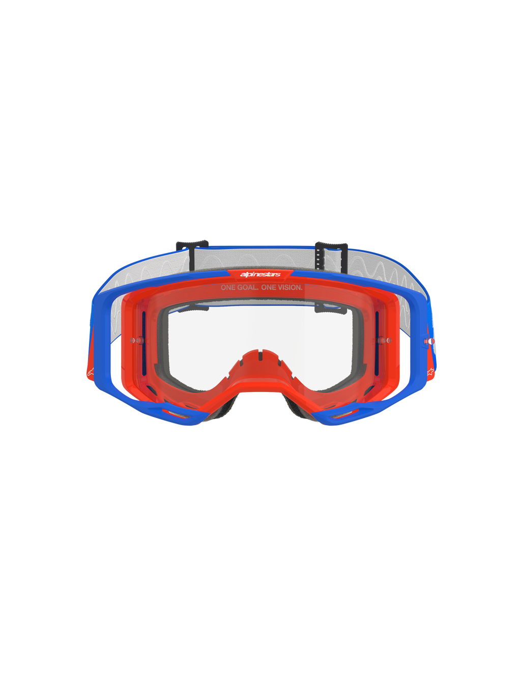 Alpinestars Vision 8 Wordmark Goggles, occhiali da motocross, blu e arancione con lente trasparente, vista frontale, con telaio flessibile bicolore, design della lente ad ampia visione periferica e marchio 'One Goal. One Vision.' sulla parte superiore interna della montatura.