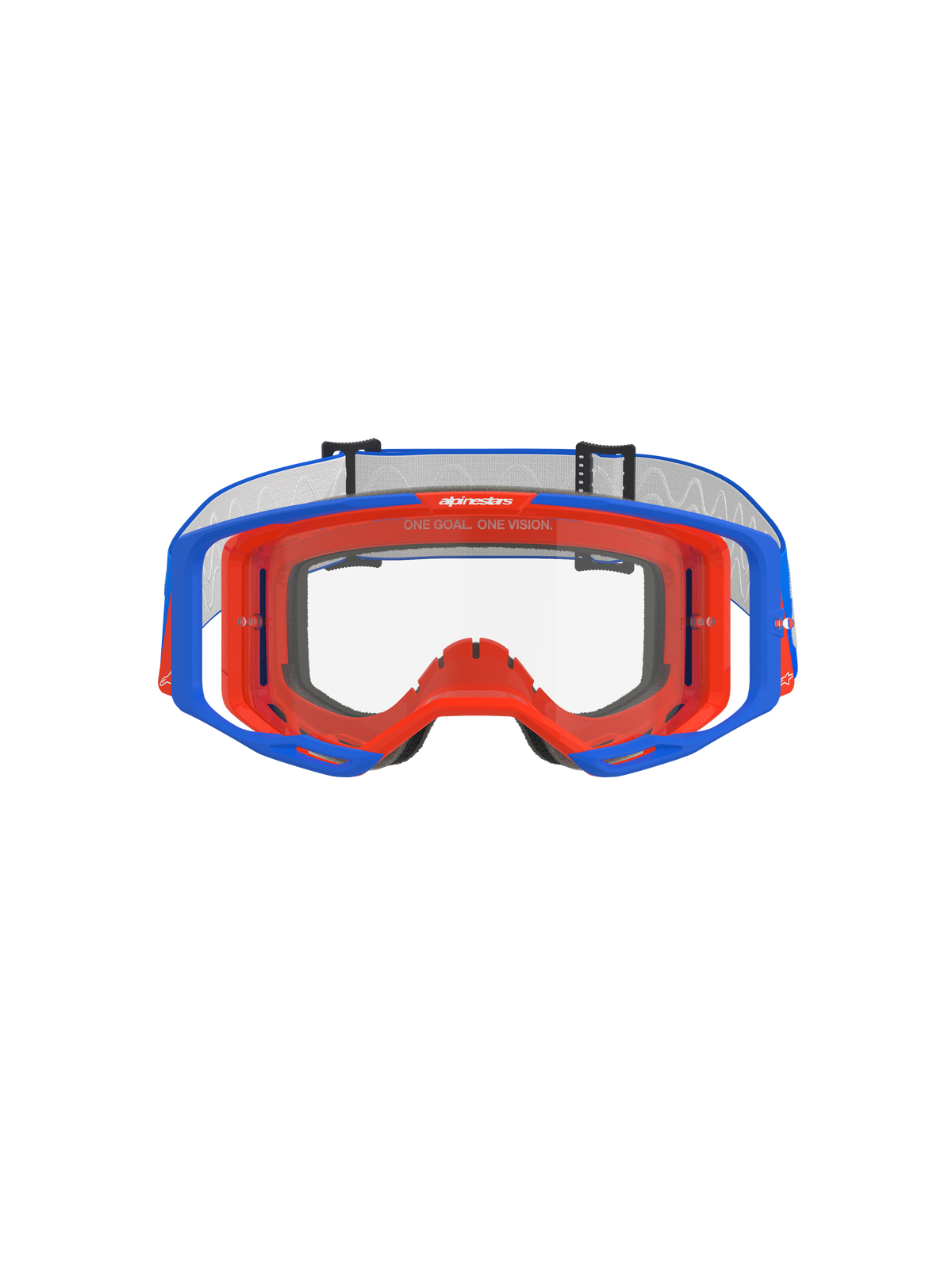 Alpinestars Vision 8 Wordmark Goggles, occhiali da motocross, blu e arancione con lente trasparente, vista frontale, con telaio flessibile bicolore, design della lente ad ampia visione periferica e marchio 'One Goal. One Vision.' sulla parte superiore interna della montatura.