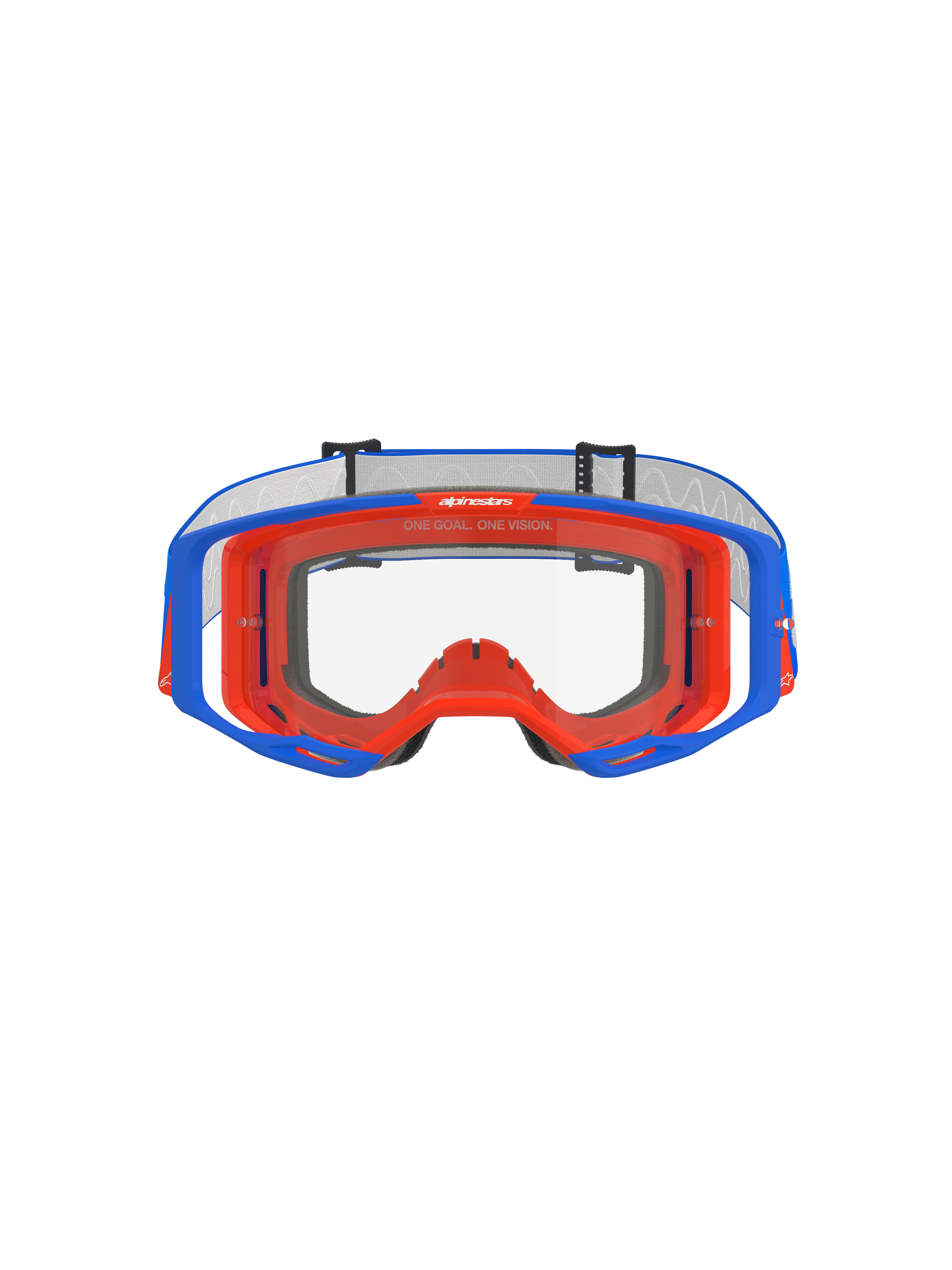 Alpinestars Vision 8 Wordmark Goggles, occhiali da motocross, blu e arancione con lente trasparente, vista frontale, con telaio flessibile bicolore, design della lente ad ampia visione periferica e marchio 'One Goal. One Vision.' sulla parte superiore interna della montatura.