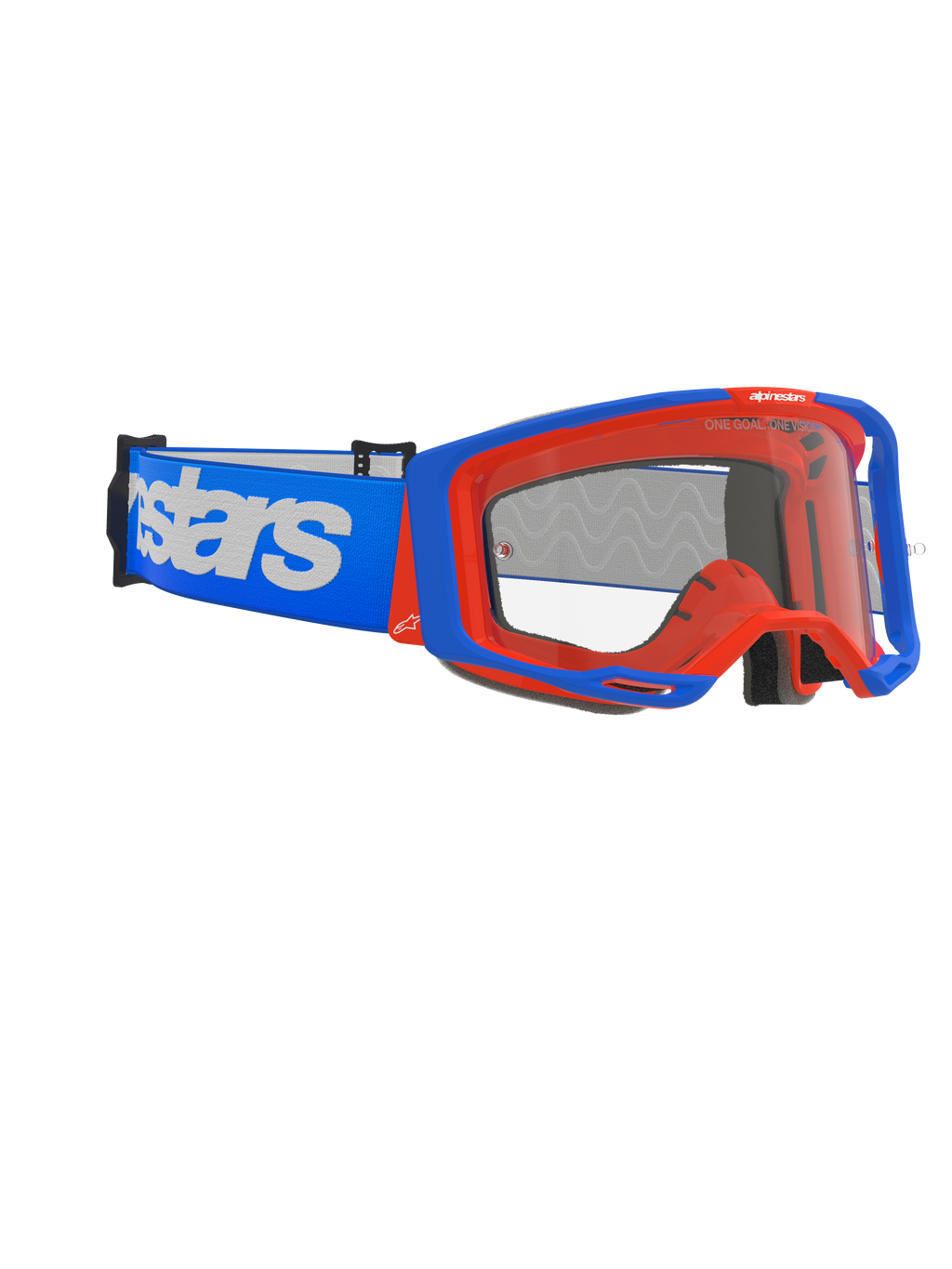Occhiali Alpinestars Vision 8 Wordmark, maschera da motocross, blu e arancione, lente trasparente antiappannamento, ampia fascia blu con logo Alpinestars bianco, telaio angolare con sistema a stabilizzatori, occhiali da corsa fuoristrada ad alte prestazioni