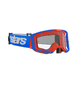 Occhiali Alpinestars Vision 8 Wordmark, maschera da motocross, blu e arancione, lente trasparente antiappannamento, ampia fascia blu con logo Alpinestars bianco, telaio angolare con sistema a stabilizzatori, occhiali da corsa fuoristrada ad alte prestazioni