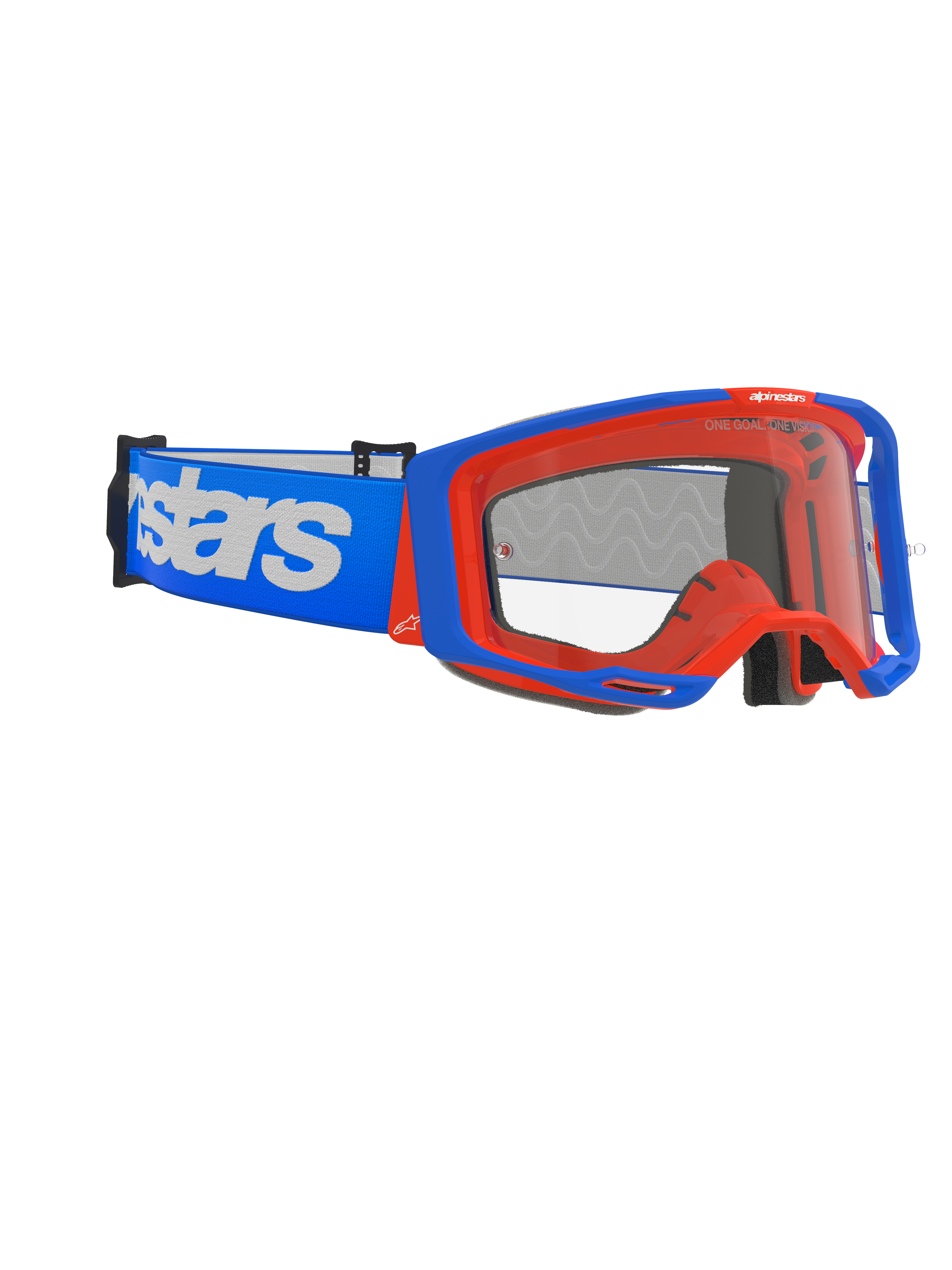 Occhiali Alpinestars Vision 8 Wordmark, maschera da motocross, blu e arancione, lente trasparente antiappannamento, ampia fascia blu con logo Alpinestars bianco, telaio angolare con sistema a stabilizzatori, occhiali da corsa fuoristrada ad alte prestazioni