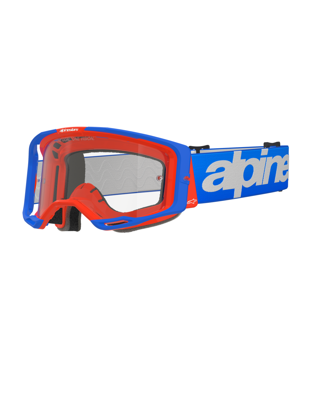 Alpinestars Vision 8 Wordmark Goggles, occhiali da motocross, blu e arancione, lente trasparente, ampio cinturino blu con scritta Alpinestars bianca, imbottitura in schiuma nera, design sportivo con porte di ventilazione visibili per prestazioni fuoristrada