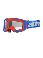 Alpinestars Vision 8 Wordmark Goggles, occhiali da motocross, blu e arancione, lente trasparente, ampio cinturino blu con scritta Alpinestars bianca, imbottitura in schiuma nera, design sportivo con porte di ventilazione visibili per prestazioni fuoristrada