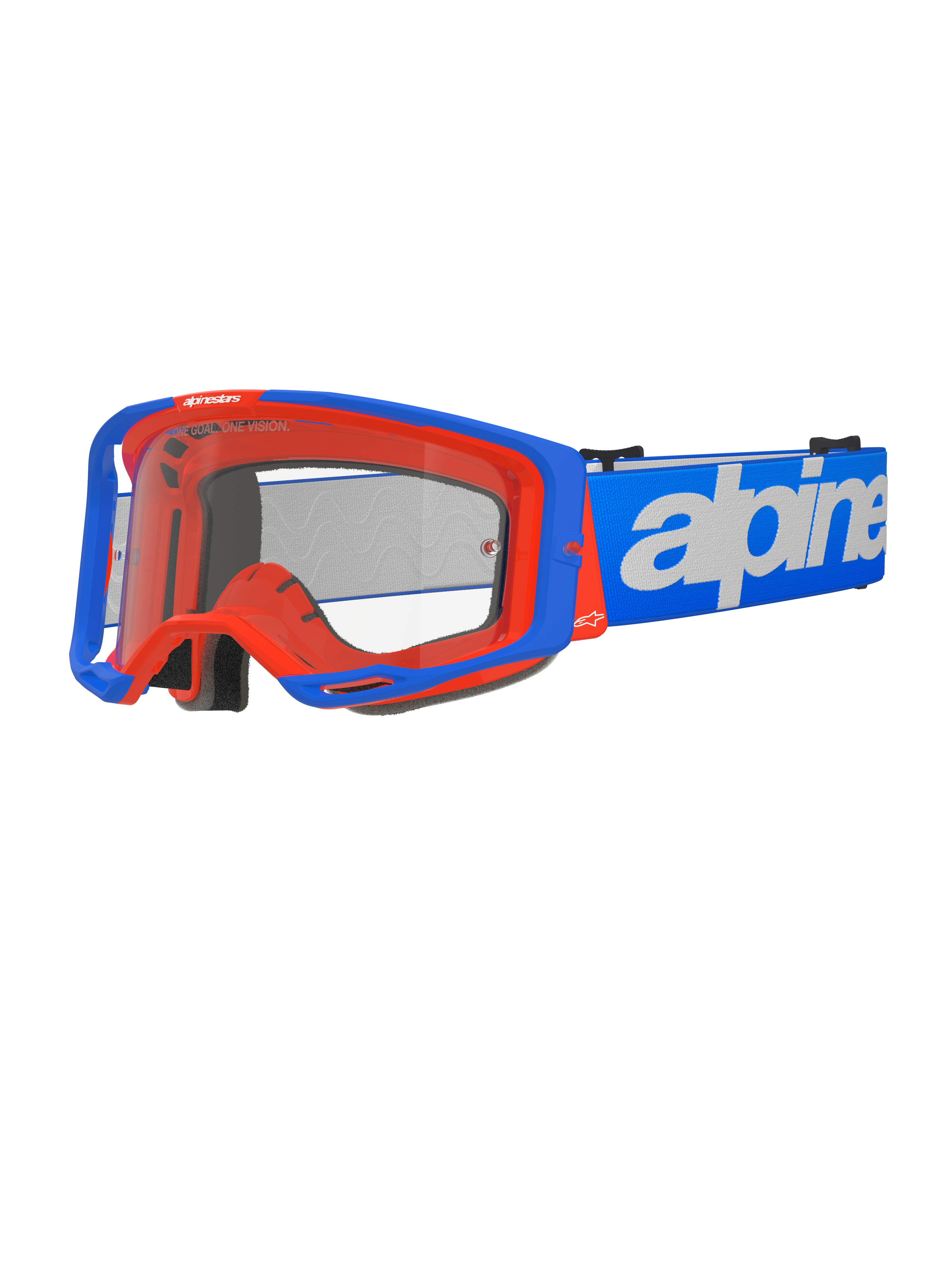 Alpinestars Vision 8 Wordmark Goggles, occhiali da motocross, blu e arancione, lente trasparente, ampio cinturino blu con scritta Alpinestars bianca, imbottitura in schiuma nera, design sportivo con porte di ventilazione visibili per prestazioni fuoristrada