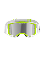 Maschere Alpinestars Vision 8 Wordmark, occhiali da motocross, bianco e giallo fluo, lente specchiata argento con scritta 'ONE GOAL. ONE VISION.', ampio campo visivo, fascia bianca con dettagli grigi, occhiali protettivi per fuoristrada