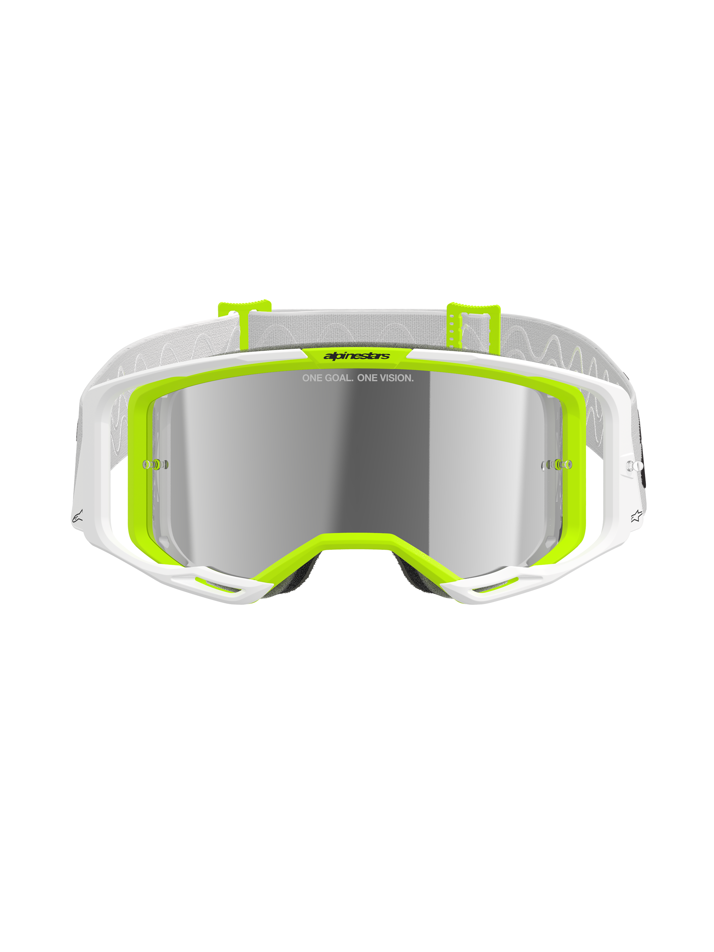 Maschere Alpinestars Vision 8 Wordmark, occhiali da motocross, bianco e giallo fluo, lente specchiata argento con scritta 'ONE GOAL. ONE VISION.', ampio campo visivo, fascia bianca con dettagli grigi, occhiali protettivi per fuoristrada