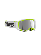 Occhiali Alpinestars Vision 8 Wordmark, maschera da motocross, montatura bianca e giallo fluo, lente Mirror Silver, fascia bianca con logo wordmark nero, protezione oculare ad alte prestazioni per il fuoristrada