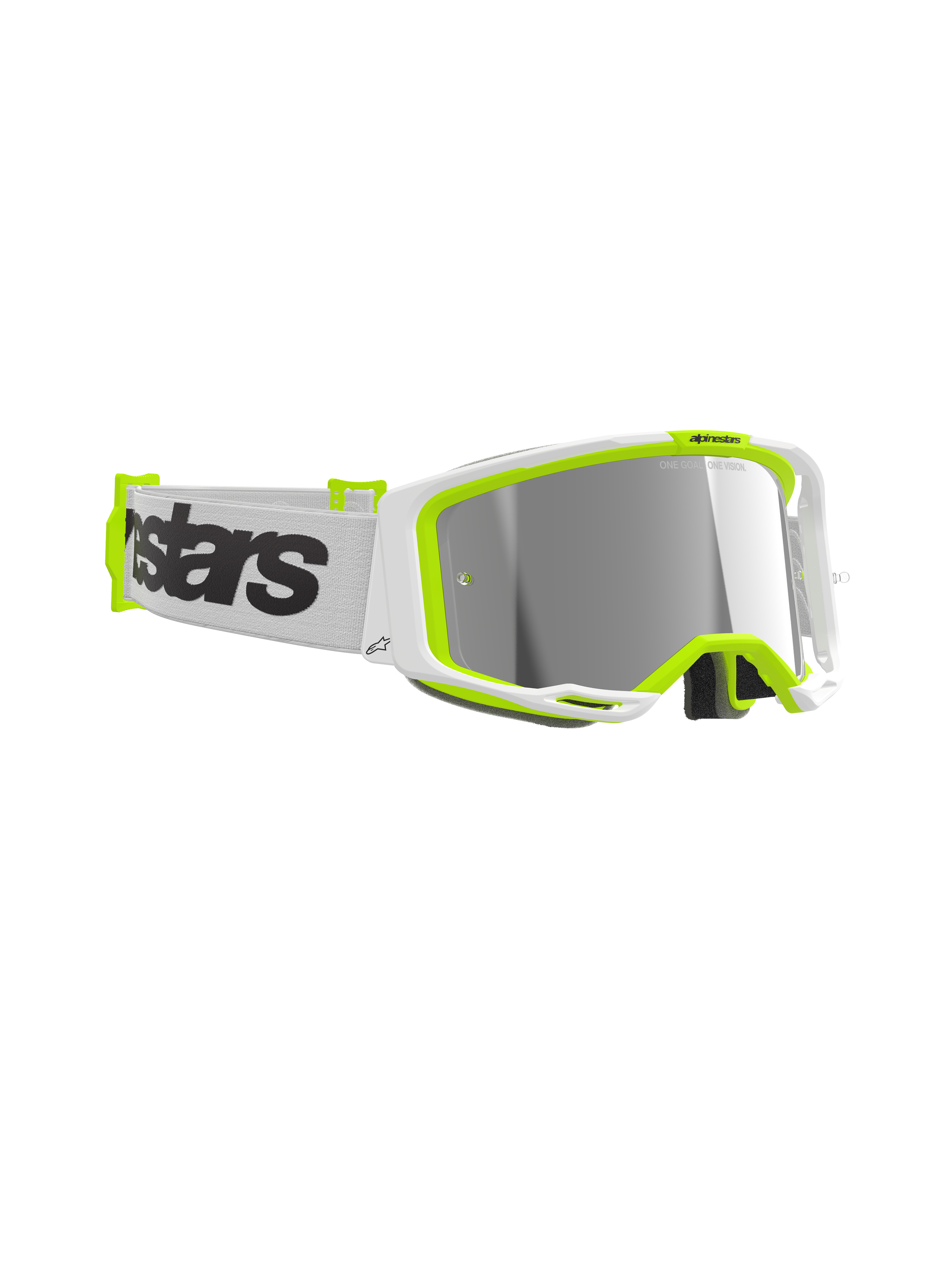 Occhiali Alpinestars Vision 8 Wordmark, maschera da motocross, montatura bianca e giallo fluo, lente Mirror Silver, fascia bianca con logo wordmark nero, protezione oculare ad alte prestazioni per il fuoristrada