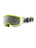 Alpinestars Vision 8 Wordmark Goggles, occhiali da motocross, montatura bianca e giallo fluorescente con lente a specchio argento, caratterizzati da fascia bianca con branding nero e telaio A-FLEX per prestazioni in gare fuoristrada