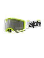 Alpinestars Vision 8 Wordmark Goggles, occhiali da motocross, montatura bianca e giallo fluorescente con lente a specchio argento, caratterizzati da fascia bianca con branding nero e telaio A-FLEX per prestazioni in gare fuoristrada