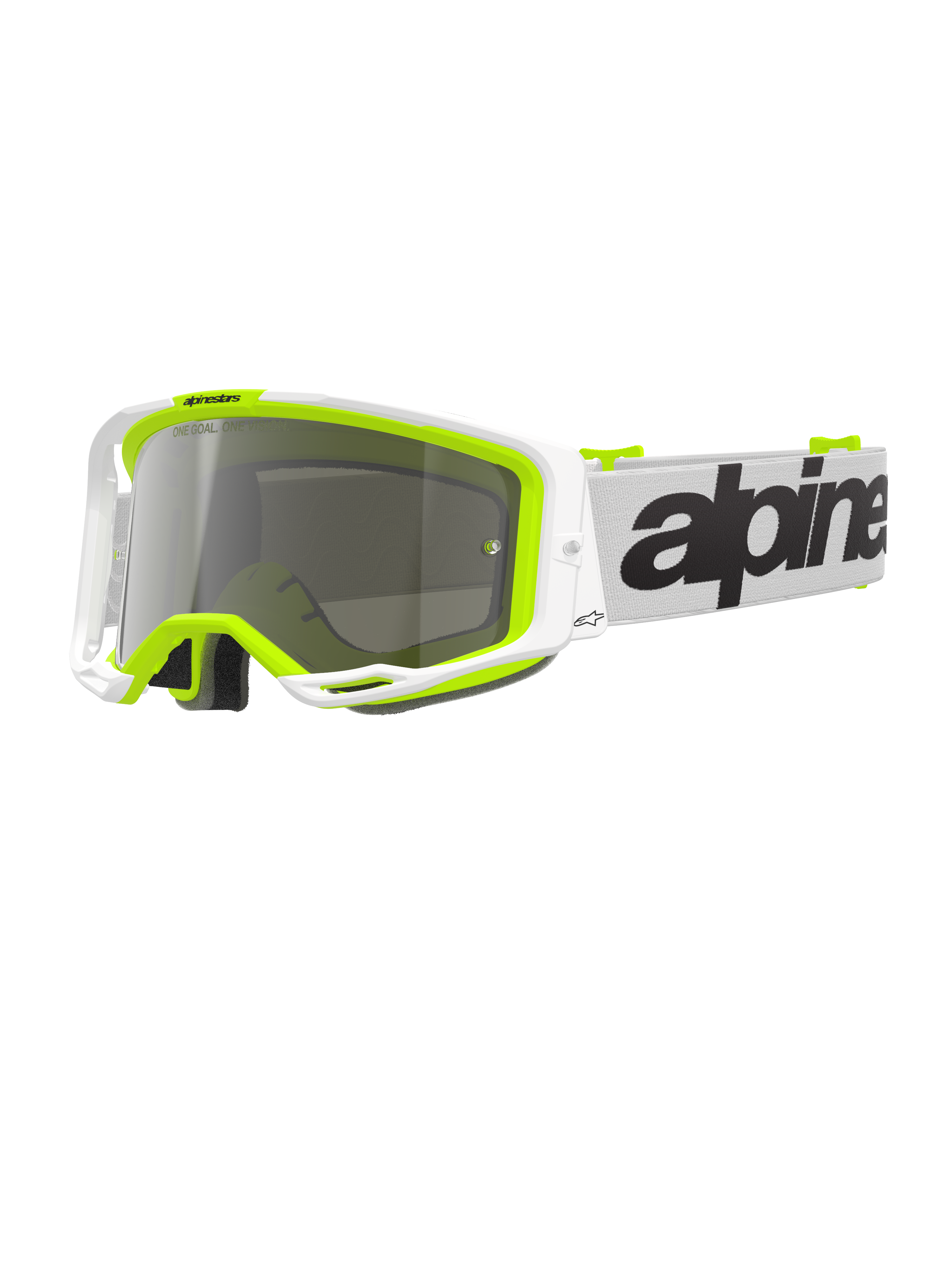 Alpinestars Vision 8 Wordmark Goggles, occhiali da motocross, montatura bianca e giallo fluorescente con lente a specchio argento, caratterizzati da fascia bianca con branding nero e telaio A-FLEX per prestazioni in gare fuoristrada