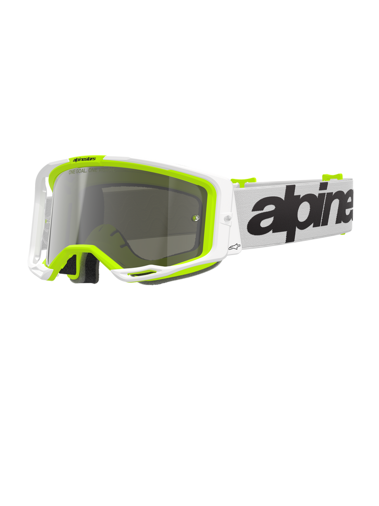Alpinestars Vision 8 Wordmark Goggles, occhiali da motocross, montatura bianca e giallo fluorescente con lente a specchio argento, caratterizzati da fascia bianca con branding nero e telaio A-FLEX per prestazioni in gare fuoristrada