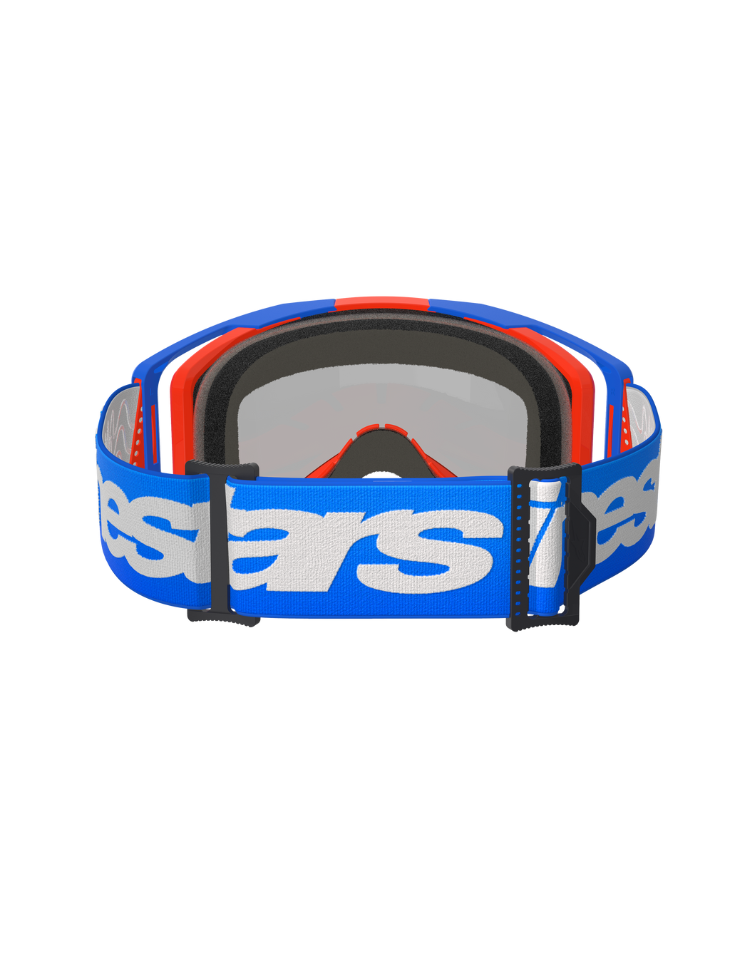 Occhiali Alpinestars Vision 8 Wordmark, occhiali da motocross, Blu Arancione Mirror Red, vista posteriore con fascia intrecciata blu e logo Alpinestars bianco, imbottitura interna in schiuma modellata 3D e fibbie di regolazione nere