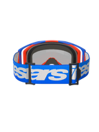 Occhiali Alpinestars Vision 8 Wordmark, occhiali da motocross, Blu Arancione Mirror Red, vista posteriore con fascia intrecciata blu e logo Alpinestars bianco, imbottitura interna in schiuma modellata 3D e fibbie di regolazione nere