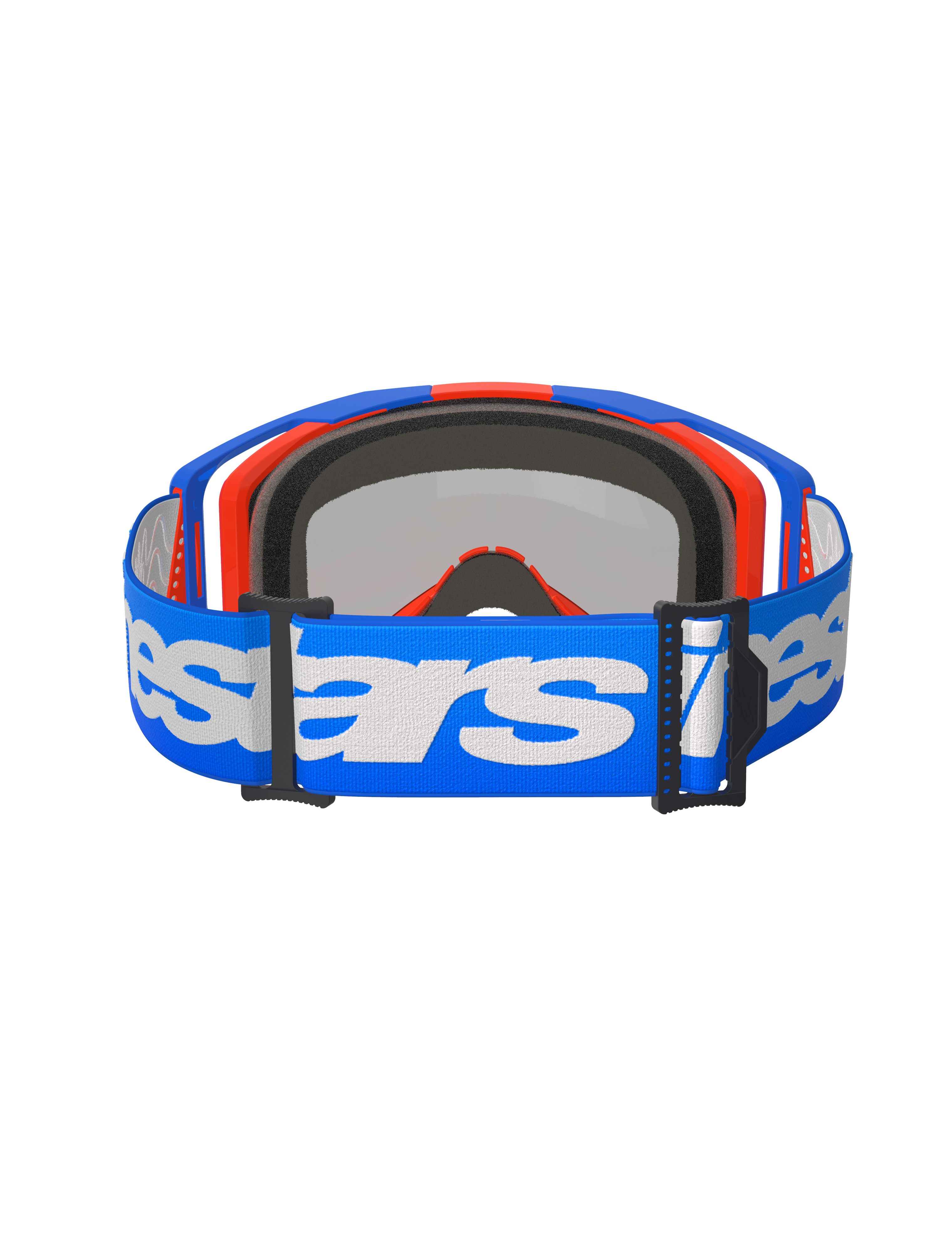Occhiali Alpinestars Vision 8 Wordmark, occhiali da motocross, Blu Arancione Mirror Red, vista posteriore con fascia intrecciata blu e logo Alpinestars bianco, imbottitura interna in schiuma modellata 3D e fibbie di regolazione nere
