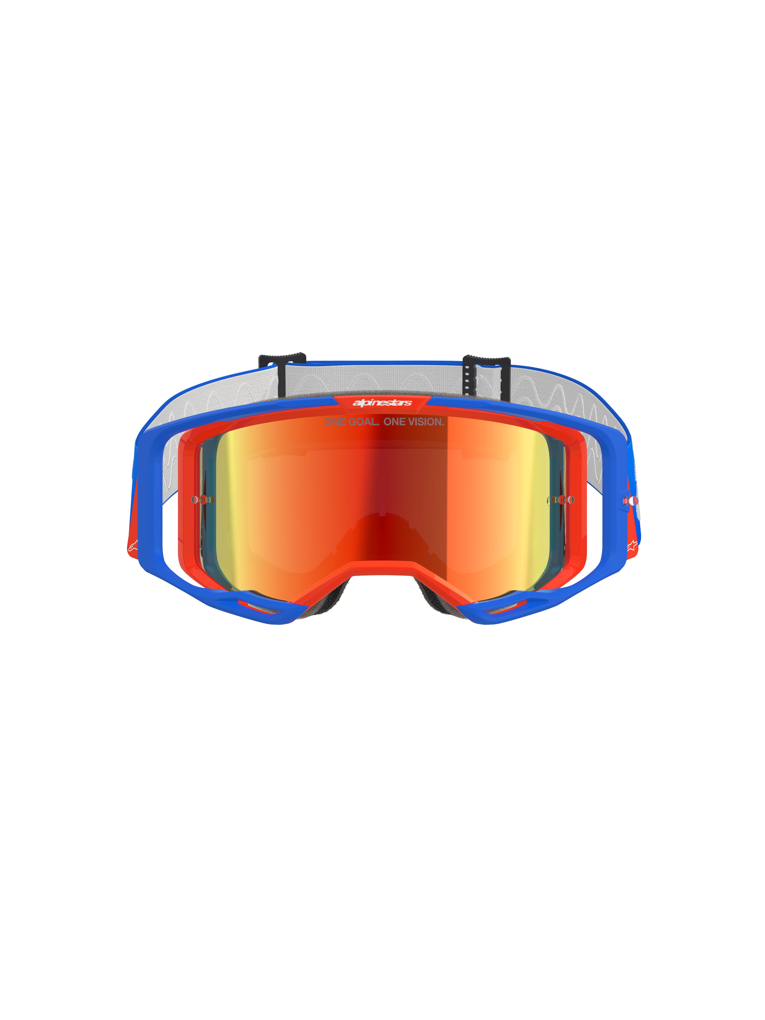 Alpinestars Vision 8 Wordmark Goggles, maschere da motocross, blu e arancione con lente specchiata rossa, dotate di un ampio campo visivo e telaio A-FLEX ad alte prestazioni per gare fuoristrada.