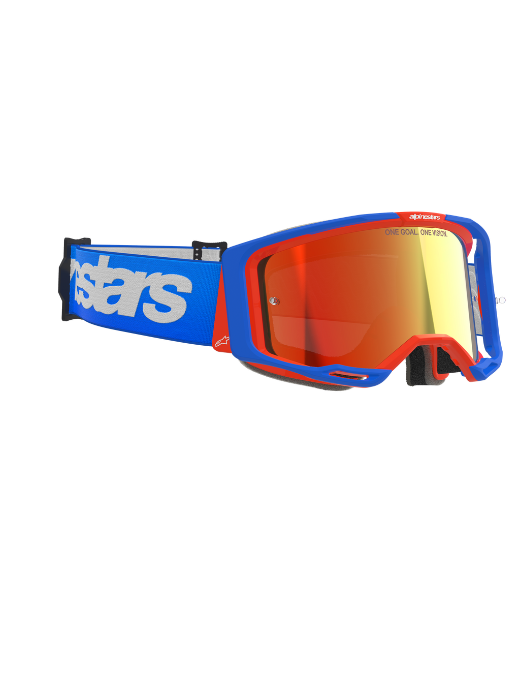 Alpinestars Vision 8 Wordmark Goggles, occhiali da motocross, montatura blu e arancione con lente a specchio rossa, fascia blu con grande logo Alpinestars bianco, occhiali protettivi performanti per corse fuoristrada