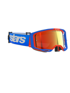 Alpinestars Vision 8 Wordmark Goggles, occhiali da motocross, montatura blu e arancione con lente a specchio rossa, fascia blu con grande logo Alpinestars bianco, occhiali protettivi performanti per corse fuoristrada