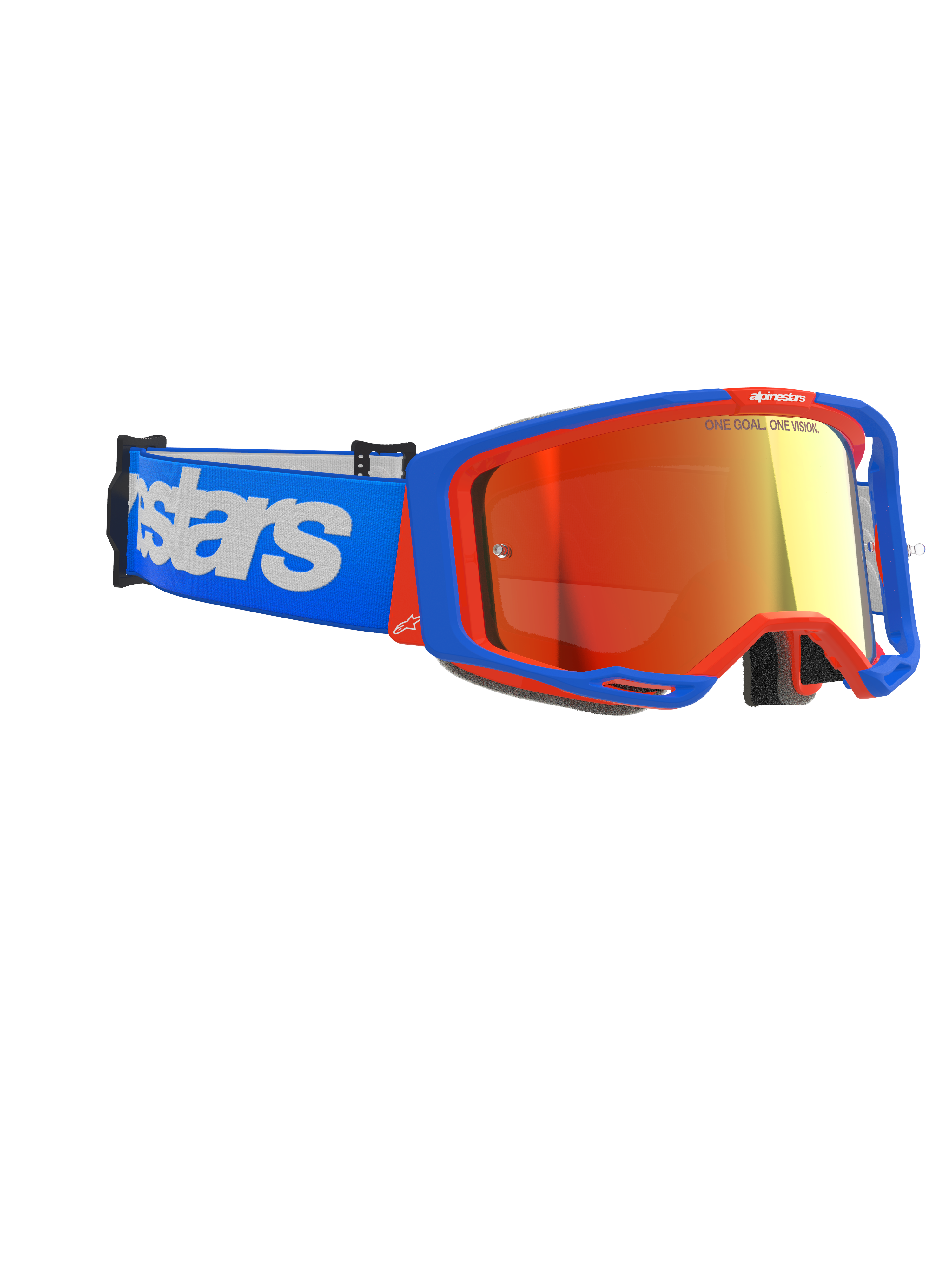Alpinestars Vision 8 Wordmark Goggles, occhiali da motocross, montatura blu e arancione con lente a specchio rossa, fascia blu con grande logo Alpinestars bianco, occhiali protettivi performanti per corse fuoristrada