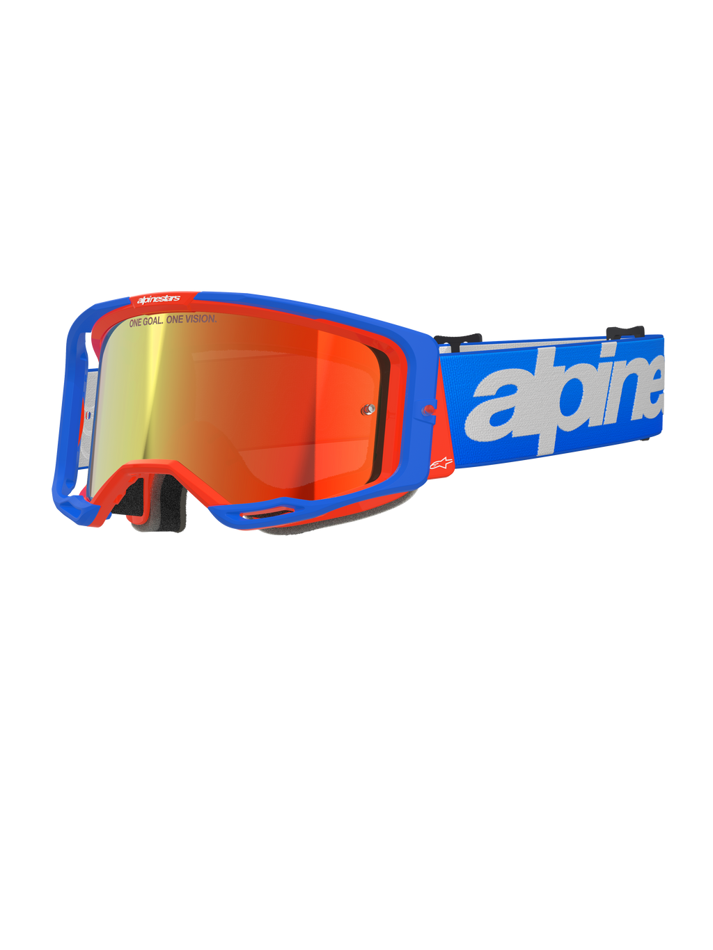 Alpinestars Vision 8 Wordmark Goggles, occhiali da motocross, blu e arancione con lente a specchio rossa, ampio campo visivo, cinturino blu regolabile con vistosa scritta bianca, imbottitura in schiuma e ventilazione per fuoristrada