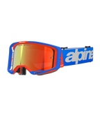 Alpinestars Vision 8 Wordmark Goggles, occhiali da motocross, blu e arancione con lente a specchio rossa, ampio campo visivo, cinturino blu regolabile con vistosa scritta bianca, imbottitura in schiuma e ventilazione per fuoristrada