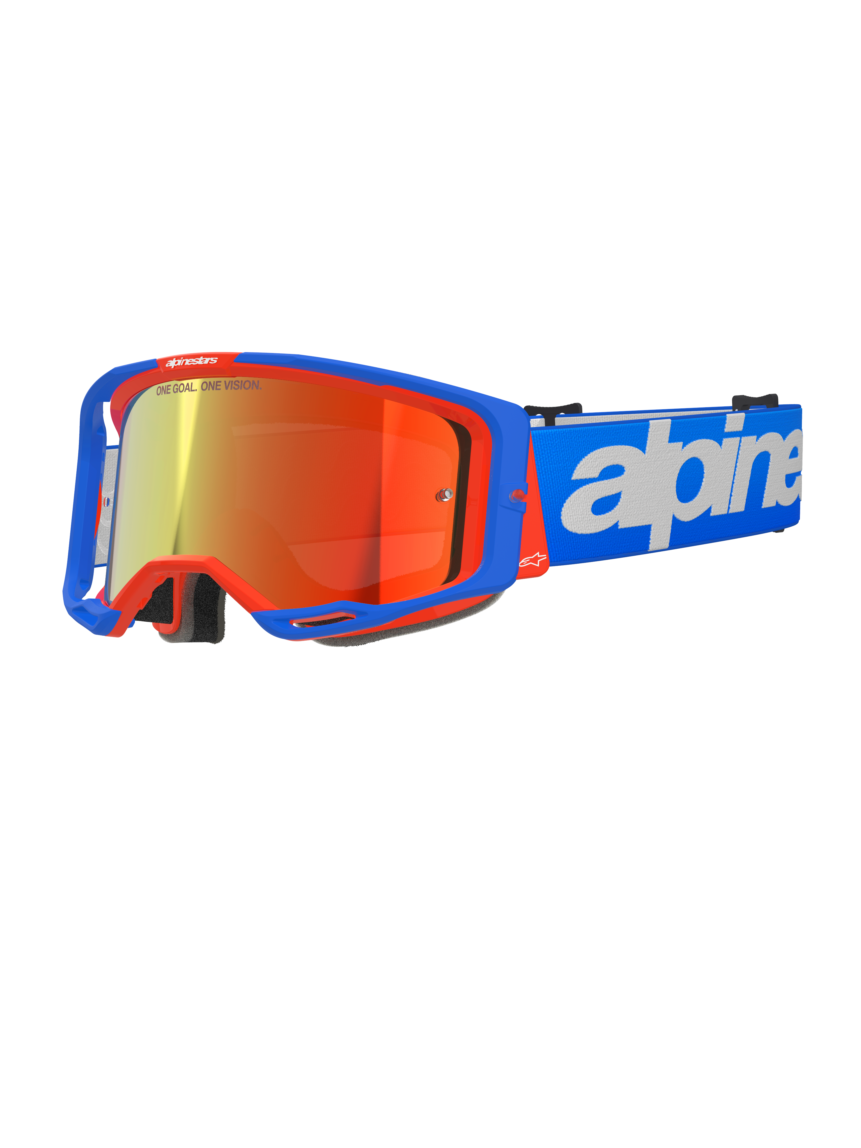 Alpinestars Vision 8 Wordmark Goggles, occhiali da motocross, blu e arancione con lente a specchio rossa, ampio campo visivo, cinturino blu regolabile con vistosa scritta bianca, imbottitura in schiuma e ventilazione per fuoristrada