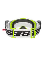Maschera Alpinestars Vision 8 Wordmark, vista posteriore, bianco e giallo fluo, con sistema Roll-Off integrato e rullini, ampia fascia bianca intrecciata con logo Alpinestars nero, schiuma facciale modellata in 3D e lente trasparente
