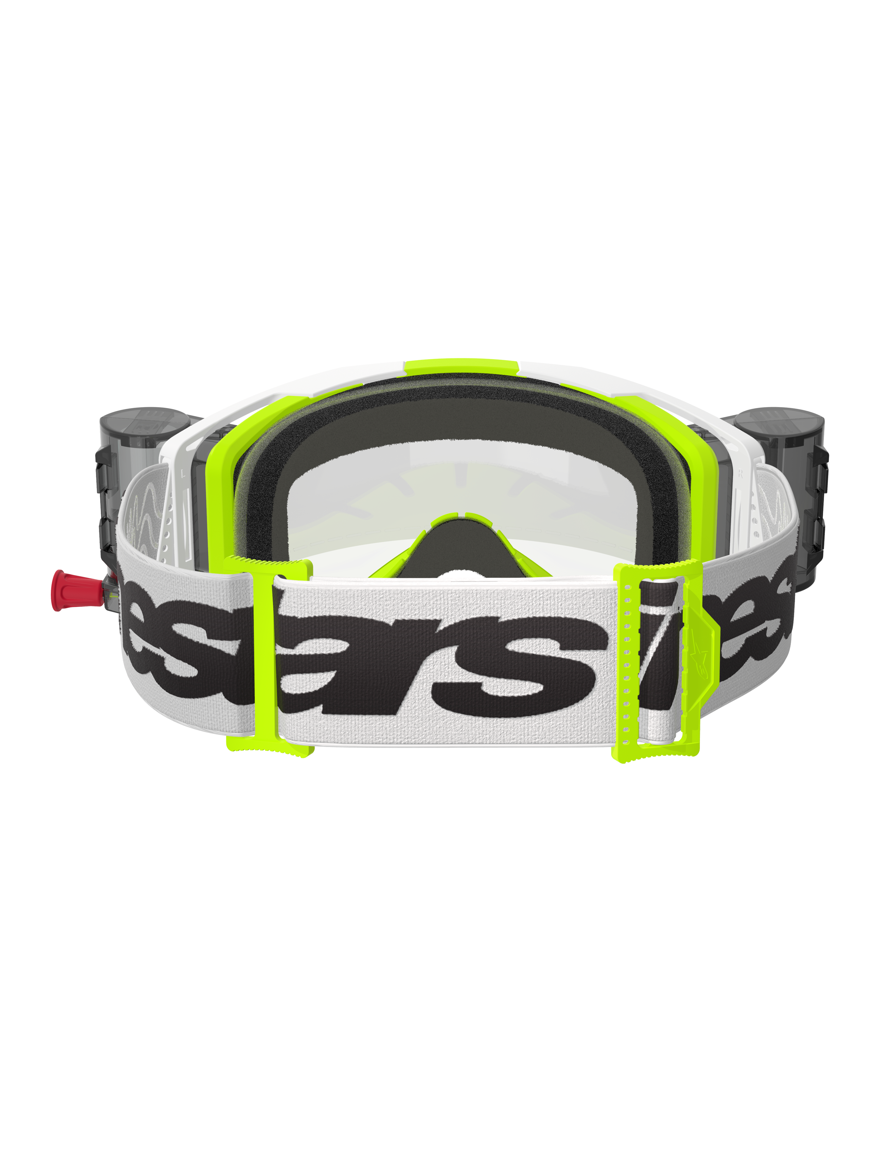Maschera Alpinestars Vision 8 Wordmark, vista posteriore, bianco e giallo fluo, con sistema Roll-Off integrato e rullini, ampia fascia bianca intrecciata con logo Alpinestars nero, schiuma facciale modellata in 3D e lente trasparente