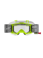 Alpinestars Vision 8 Wordmark Goggles Roll Off, telaio bianco e giallo fluorescente, lente trasparente con contenitori per sistema roll-off integrati, fascia intrecciata bianca, con marchio 'ONE GOAL. ONE VISION.', protezione oculare professionale per motocross
