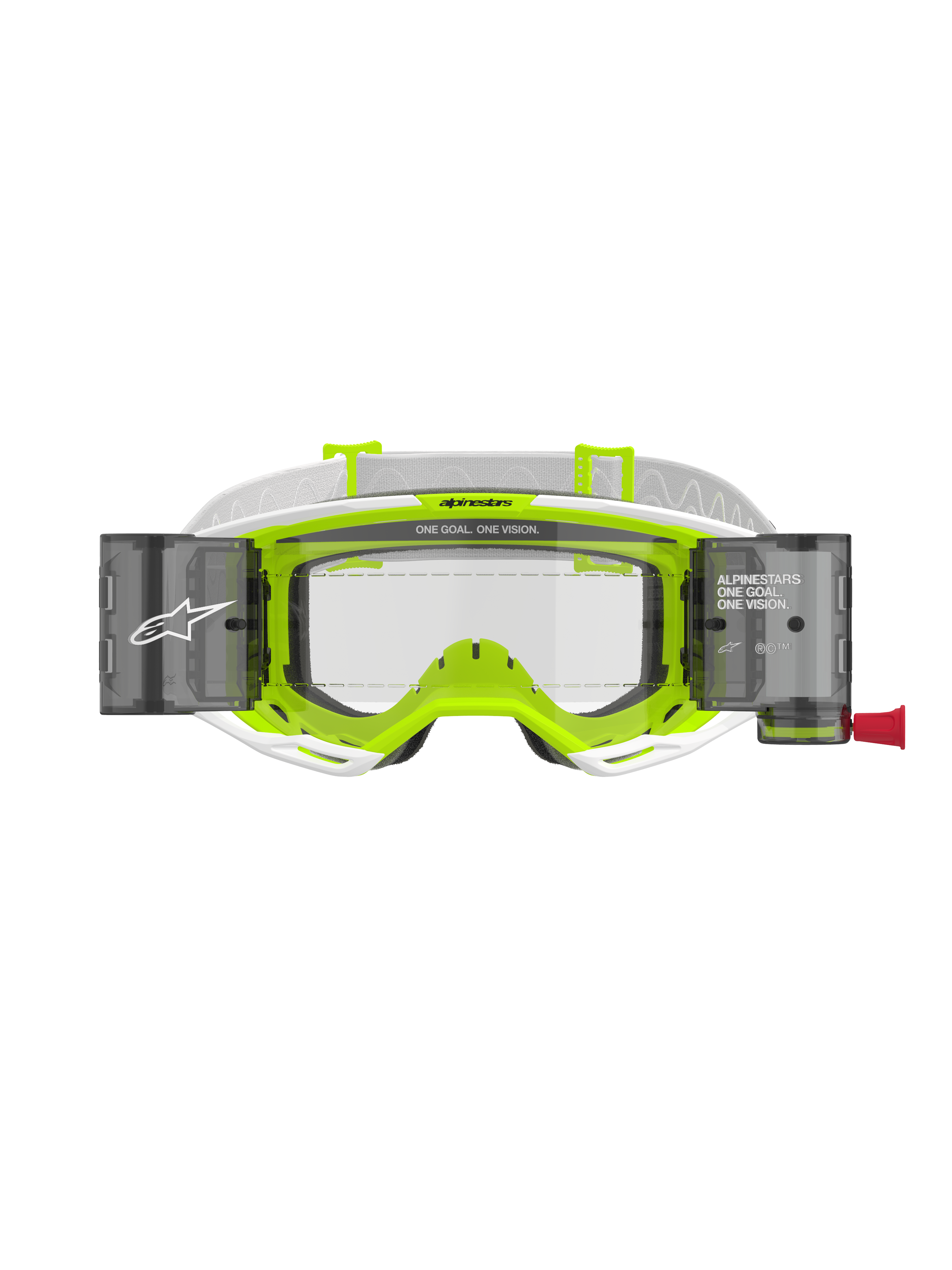 Alpinestars Vision 8 Wordmark Goggles Roll Off, telaio bianco e giallo fluorescente, lente trasparente con contenitori per sistema roll-off integrati, fascia intrecciata bianca, con marchio 'ONE GOAL. ONE VISION.', protezione oculare professionale per motocross