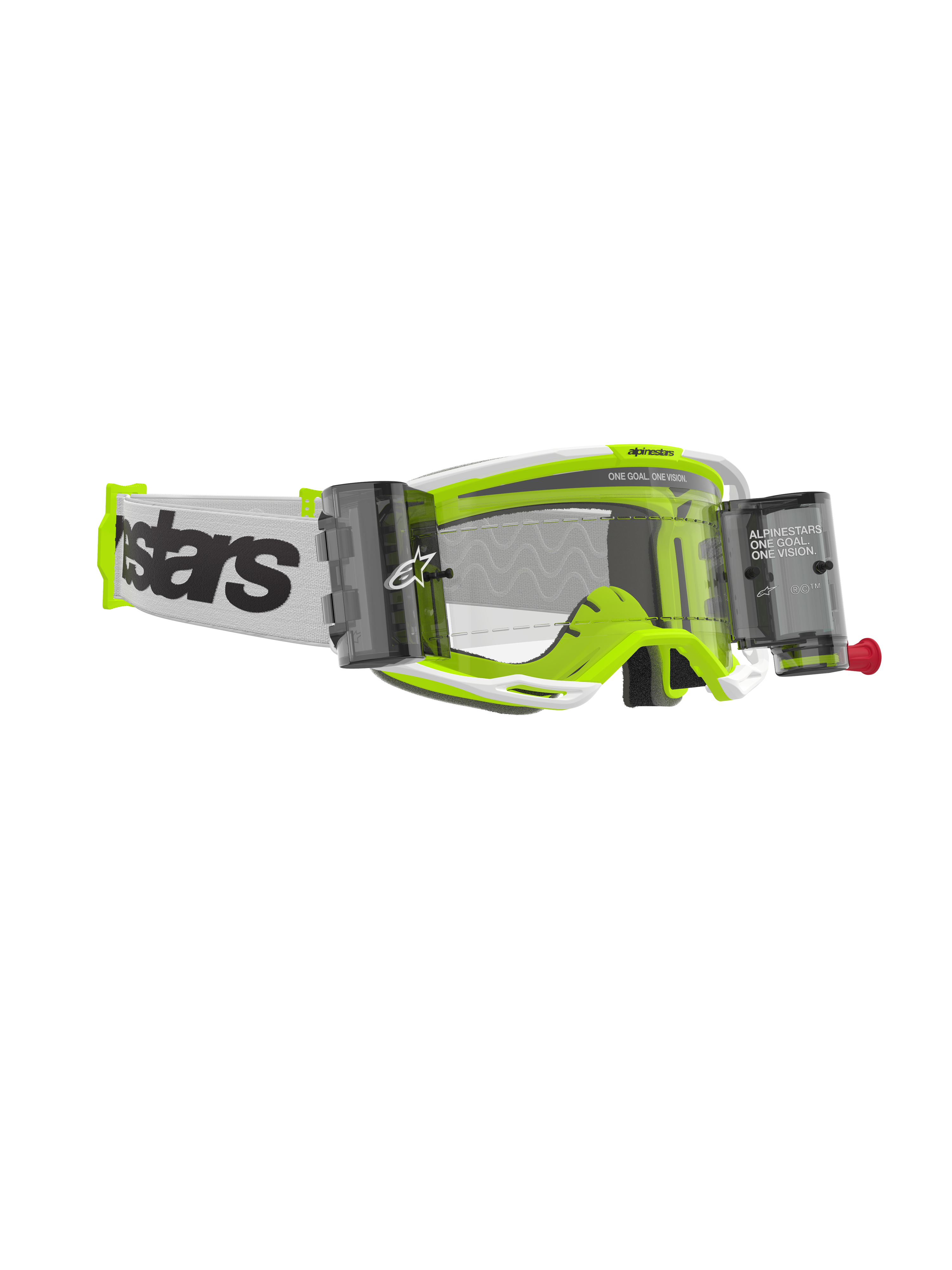 Alpinestars Vision 8 Wordmark Goggles Roll Off, occhiali da motocross, montatura bianca e giallo fluorescente, lente trasparente con contenitori roll-off integrati, fascia bianca con logo nero, occhiali da fuoristrada ad alte prestazioni