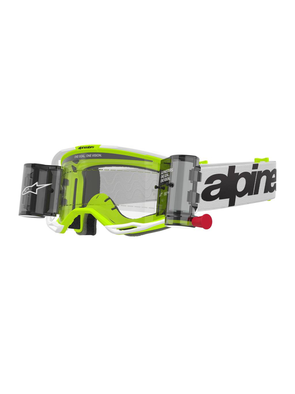Alpinestars Vision 8 Wordmark Goggles Roll Off, occhiali da motocross, bianco e giallo fluorescente, lente trasparente con sistema roll-off, cinturino bianco con scritta Alpinestars nera, linguetta rossa, protezione professionale per fuoristrada