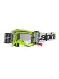 Alpinestars Vision 8 Wordmark Goggles Roll Off, occhiali da motocross, bianco e giallo fluorescente, lente trasparente con sistema roll-off, cinturino bianco con scritta Alpinestars nera, linguetta rossa, protezione professionale per fuoristrada