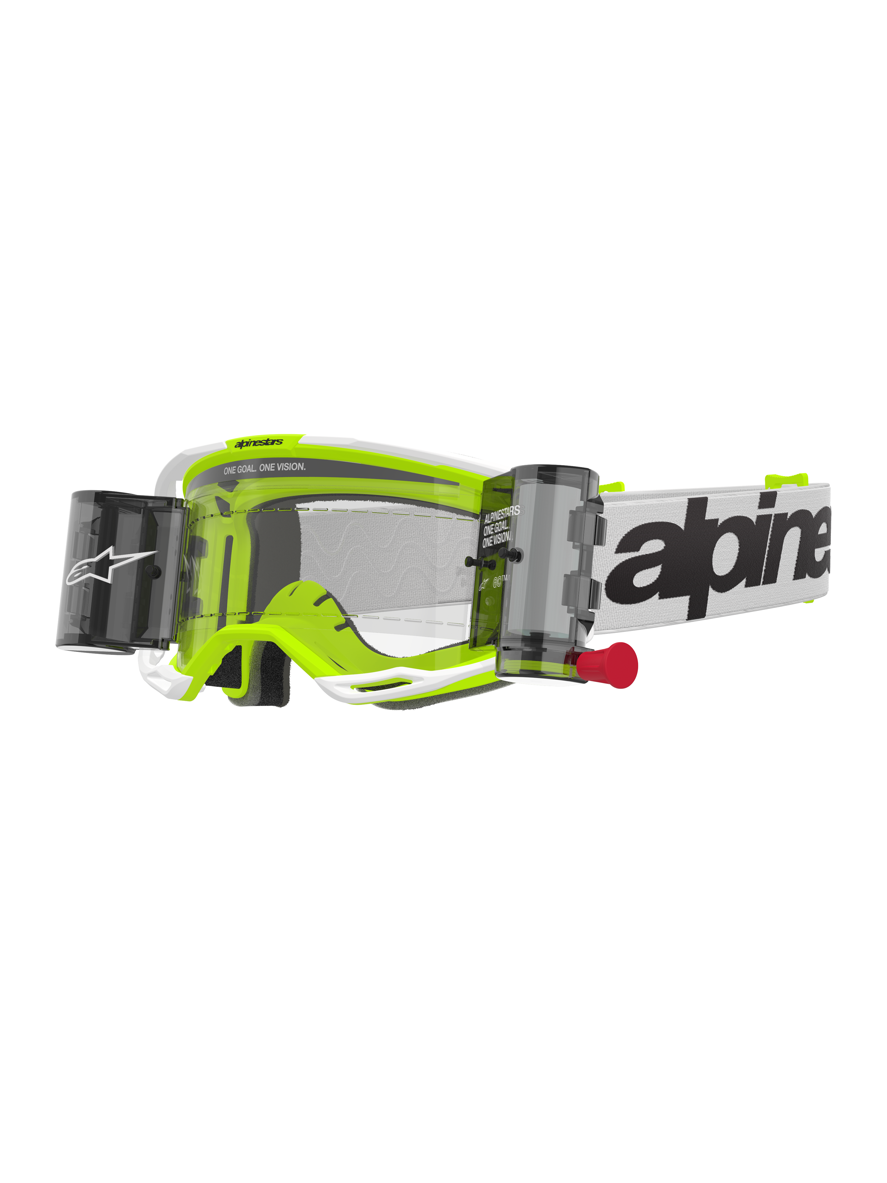 Alpinestars Vision 8 Wordmark Goggles Roll Off, occhiali da motocross, bianco e giallo fluorescente, lente trasparente con sistema roll-off, cinturino bianco con scritta Alpinestars nera, linguetta rossa, protezione professionale per fuoristrada
