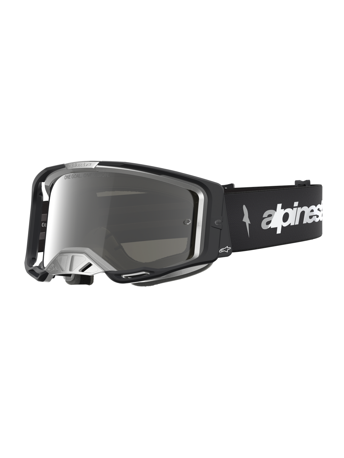 Alpinestars Vision 8 Ambra Specchiata, maschere da motocross nere e argento, telaio A-FLEX e lente a specchio.