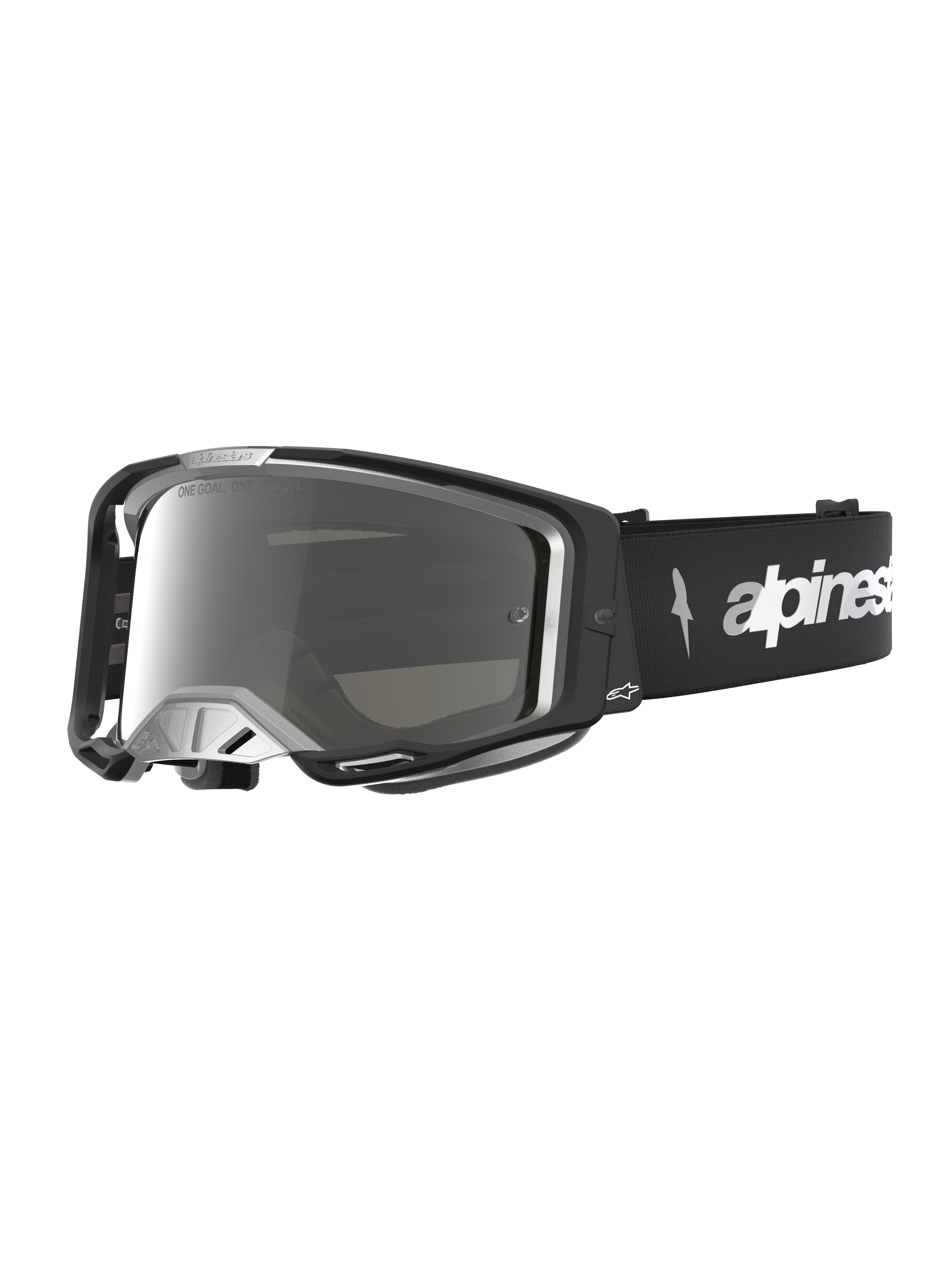 Alpinestars Vision 8 Ambra Specchiata, maschere da motocross nere e argento, telaio A-FLEX e lente a specchio.