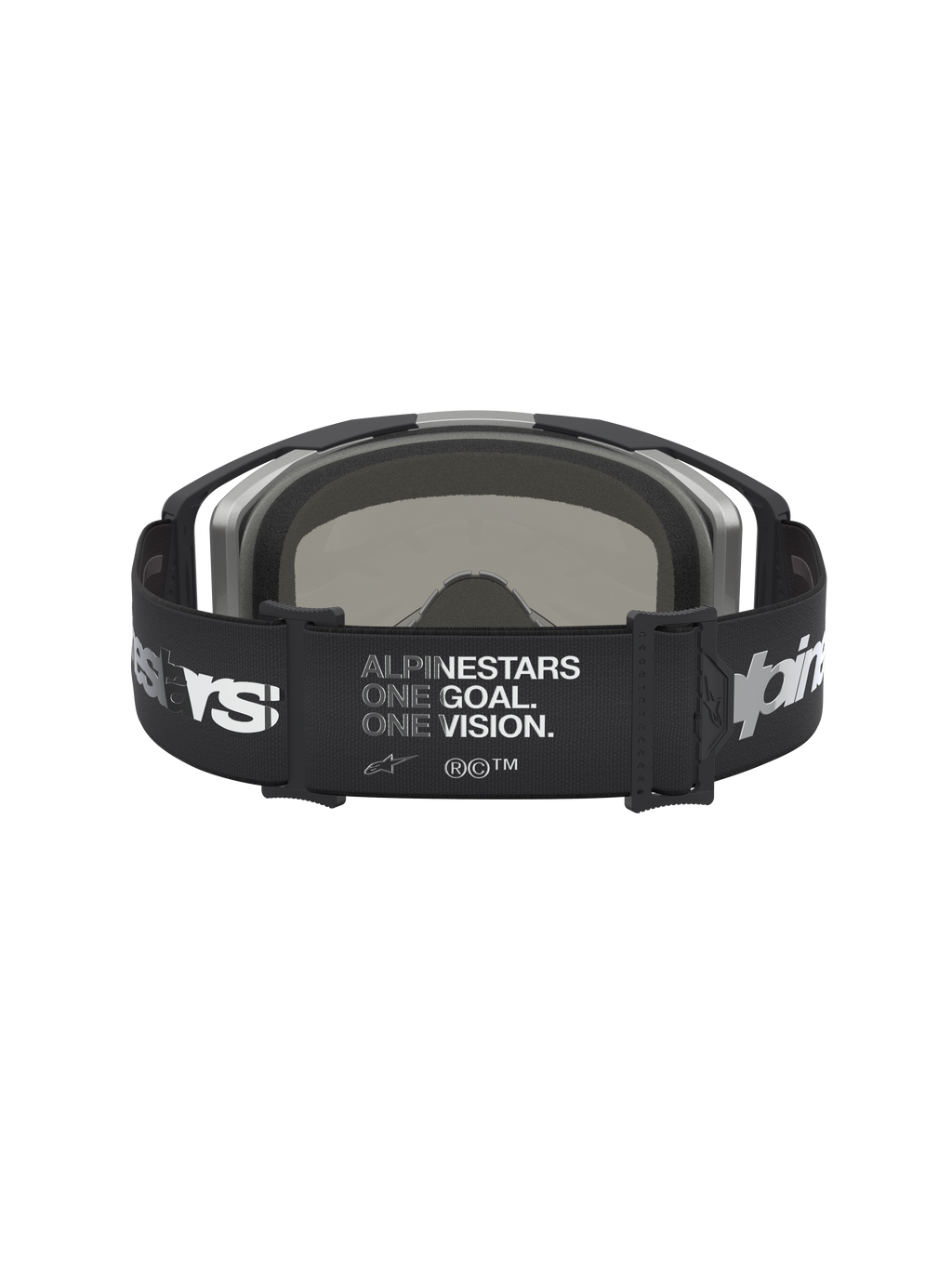 Alpinestars Maschere Vision 8 Ambra Specchiata, maschere da motocross nere e argento, vista posteriore con ampio cinturino regolabile, stampa del logo e motto One Goal One Vision, lenti a specchio